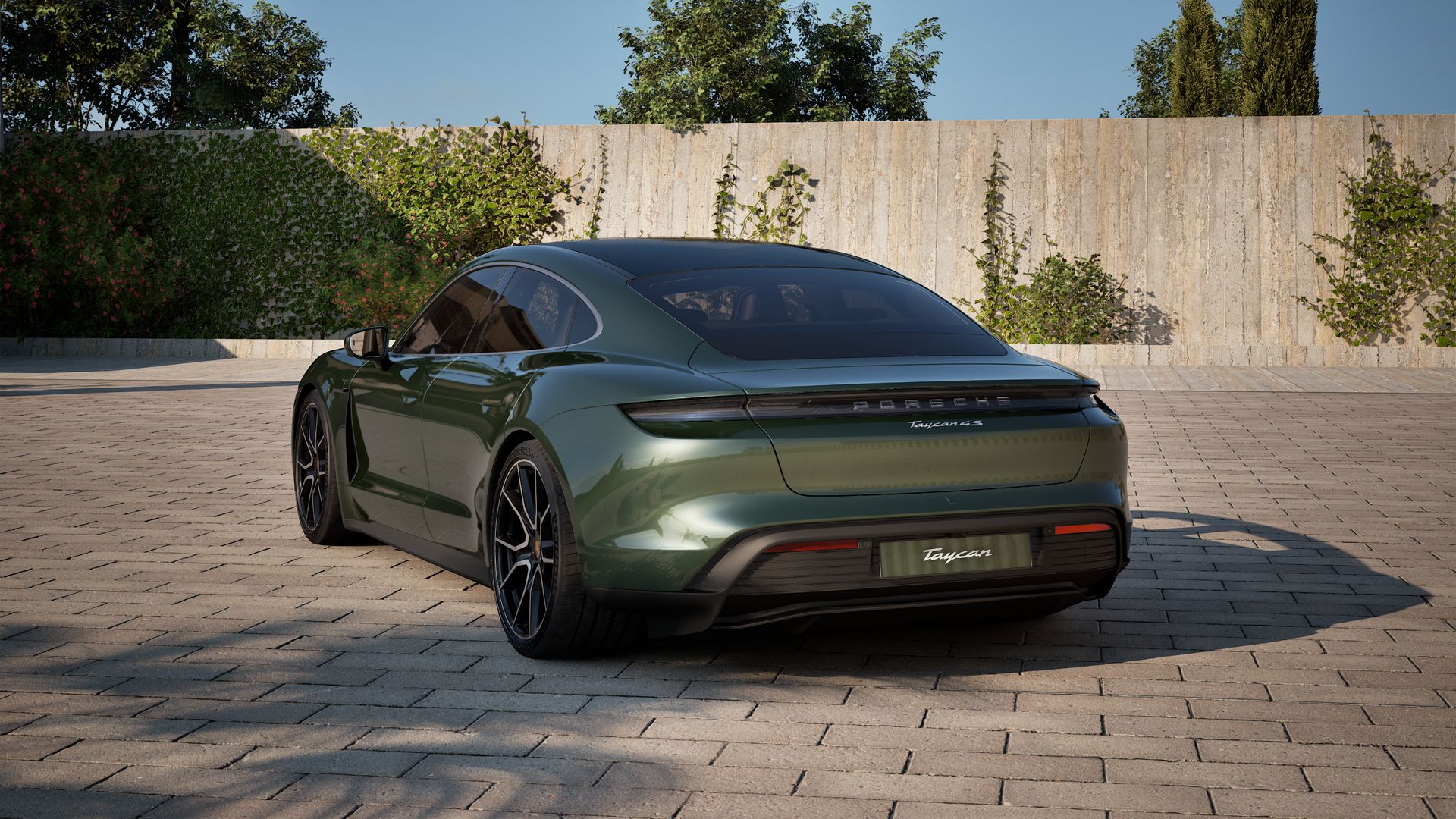 Exterior view of Taycan 4S showing the back and left side of the car