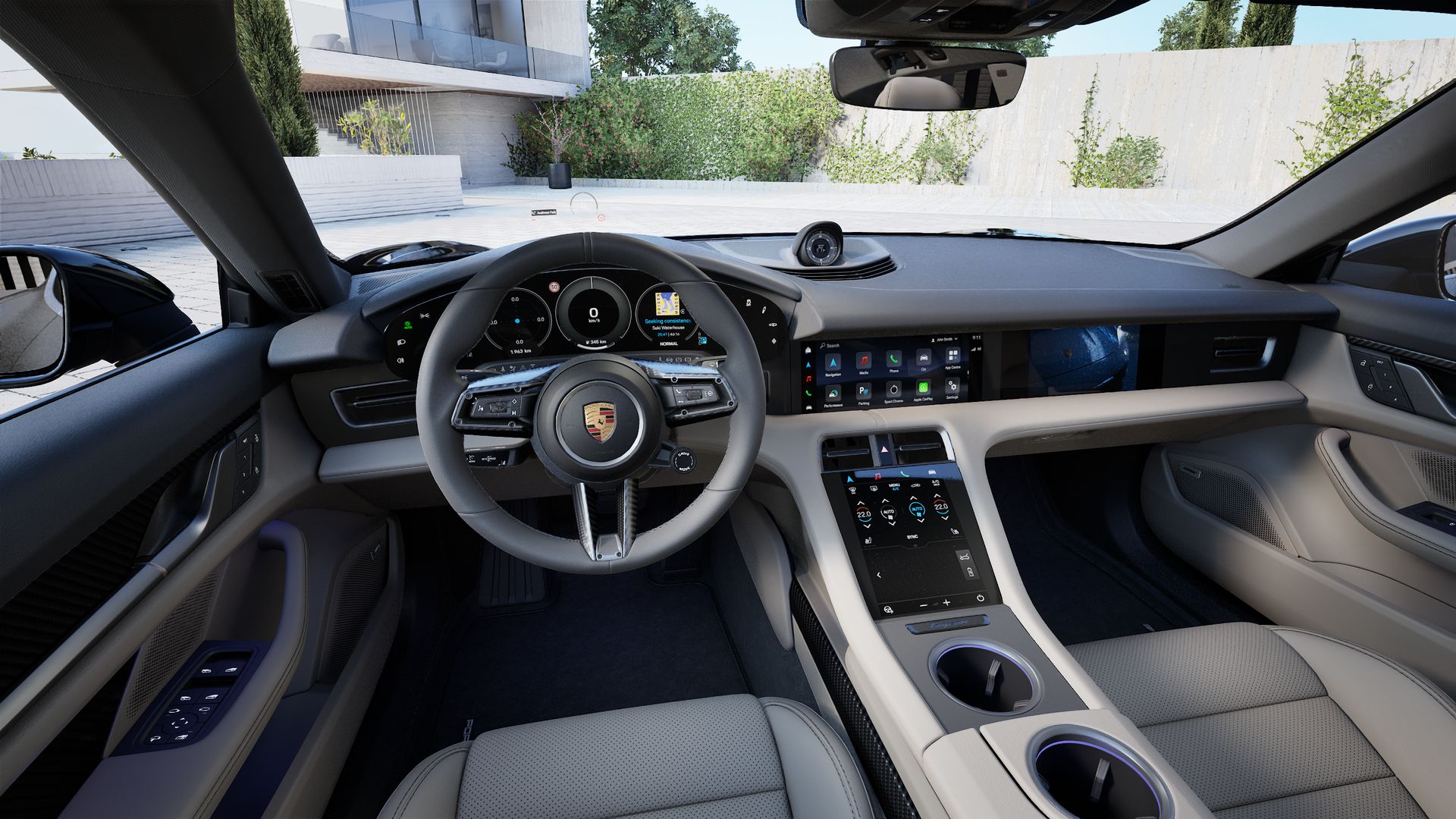 Interior view showing the steering wheel and dashboard of Taycan 4 Cross Turismo