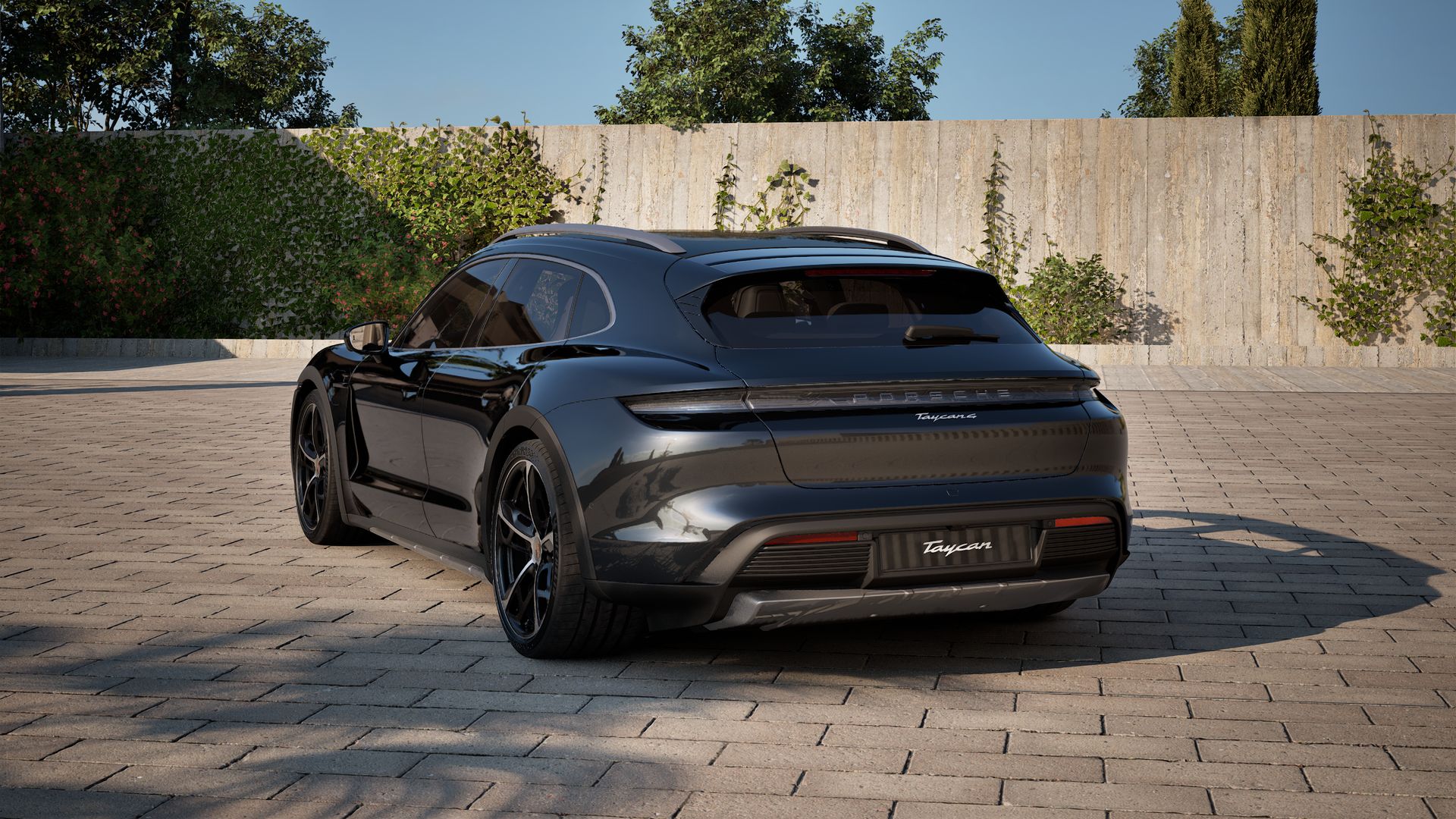 Exterior view of Taycan 4 Cross Turismo showing the back and left side of the car