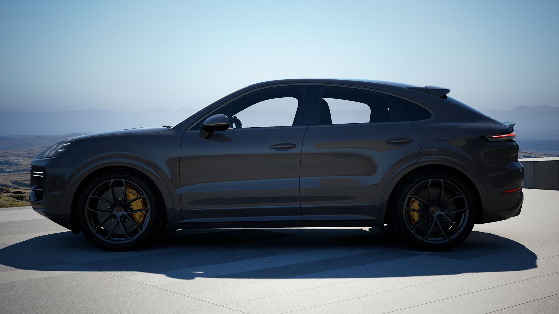 Vista lateral do Cayenne Turbo E-Hybrid Coupé (2026) 