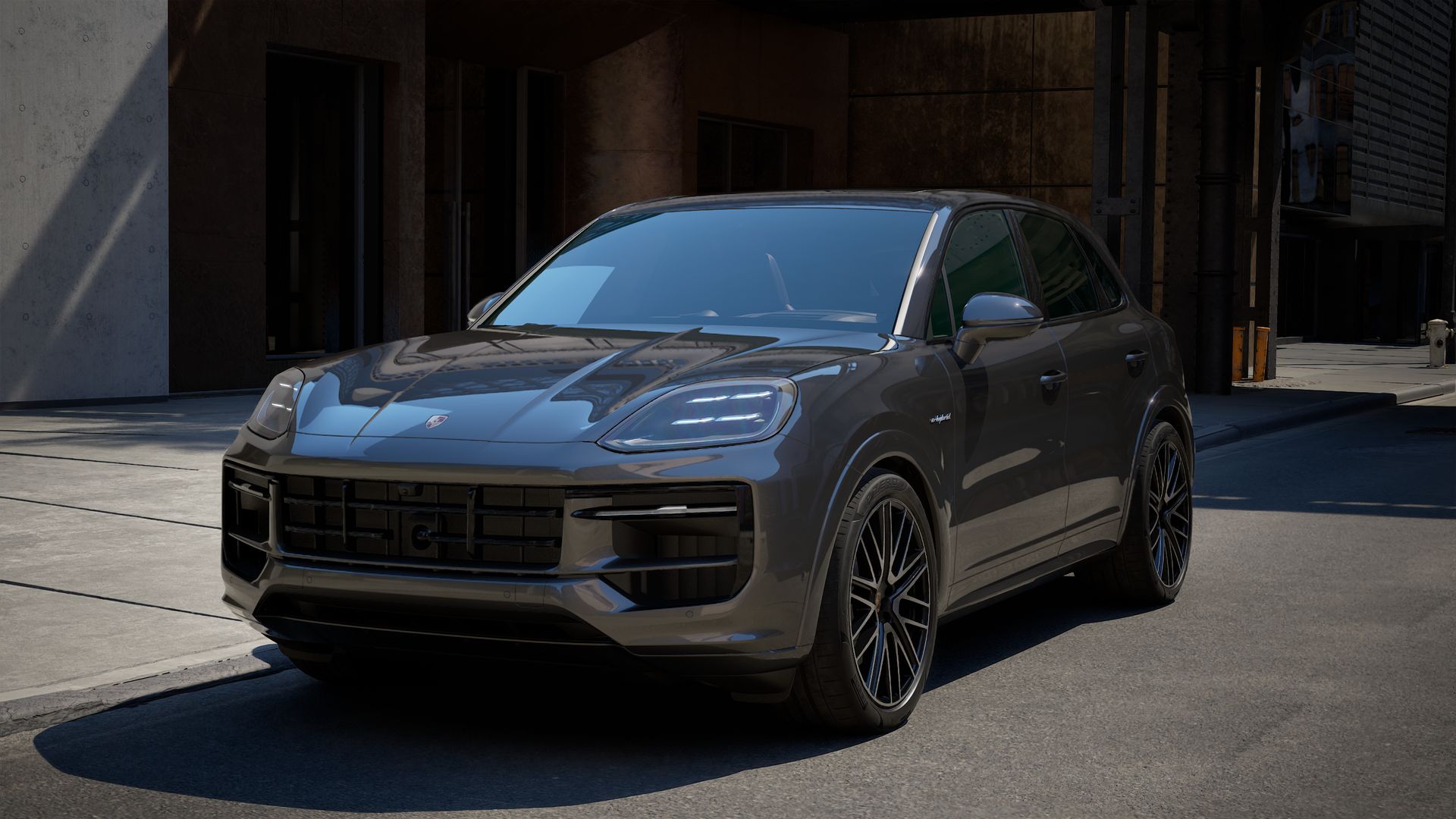 Vista esterna di Cayenne E-Hybrid che mostra la parte anteriore e il lato sinistro della vettura