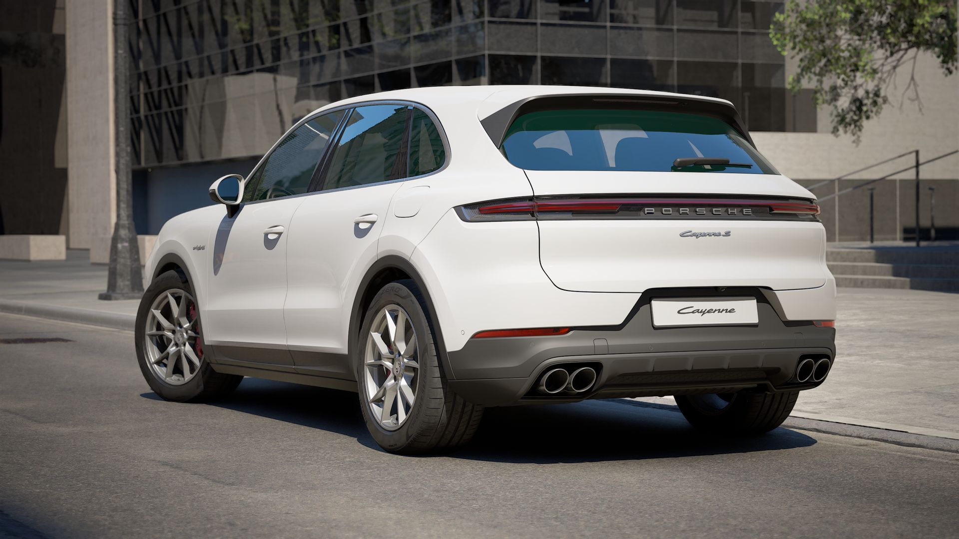 Außenansicht von Cayenne S E-Hybrid mit der Rückseite und der linken Seite des Fahrzeugs