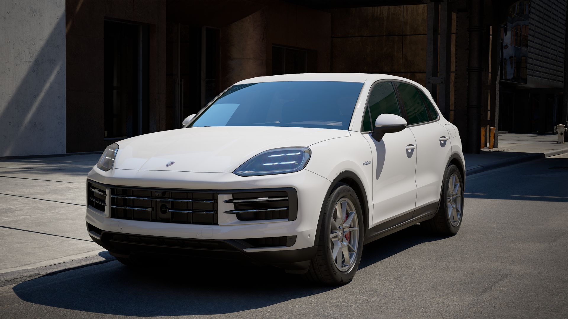 Außenansicht von Cayenne S E-Hybrid mit der Vorderseite und der linken Seite des Fahrzeugs