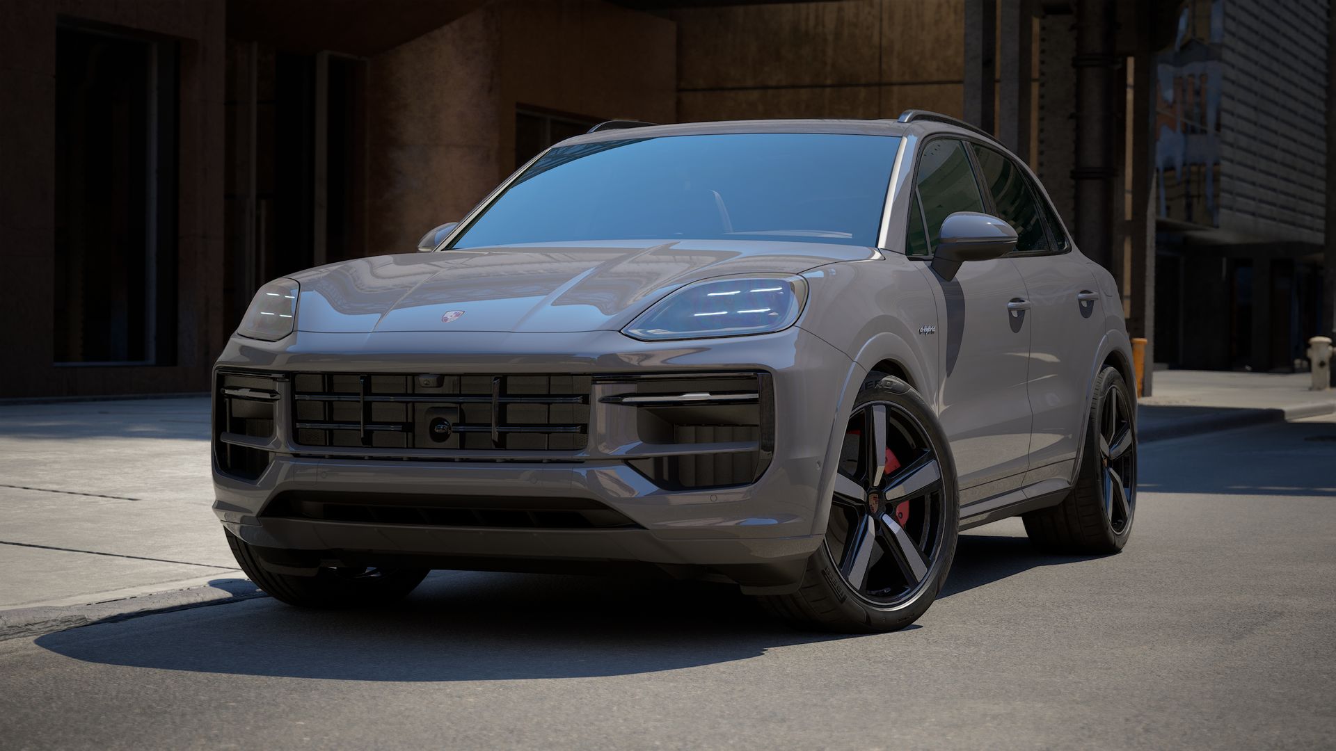 Vista esterna di Cayenne S E-Hybrid che mostra la parte anteriore e il lato sinistro della vettura