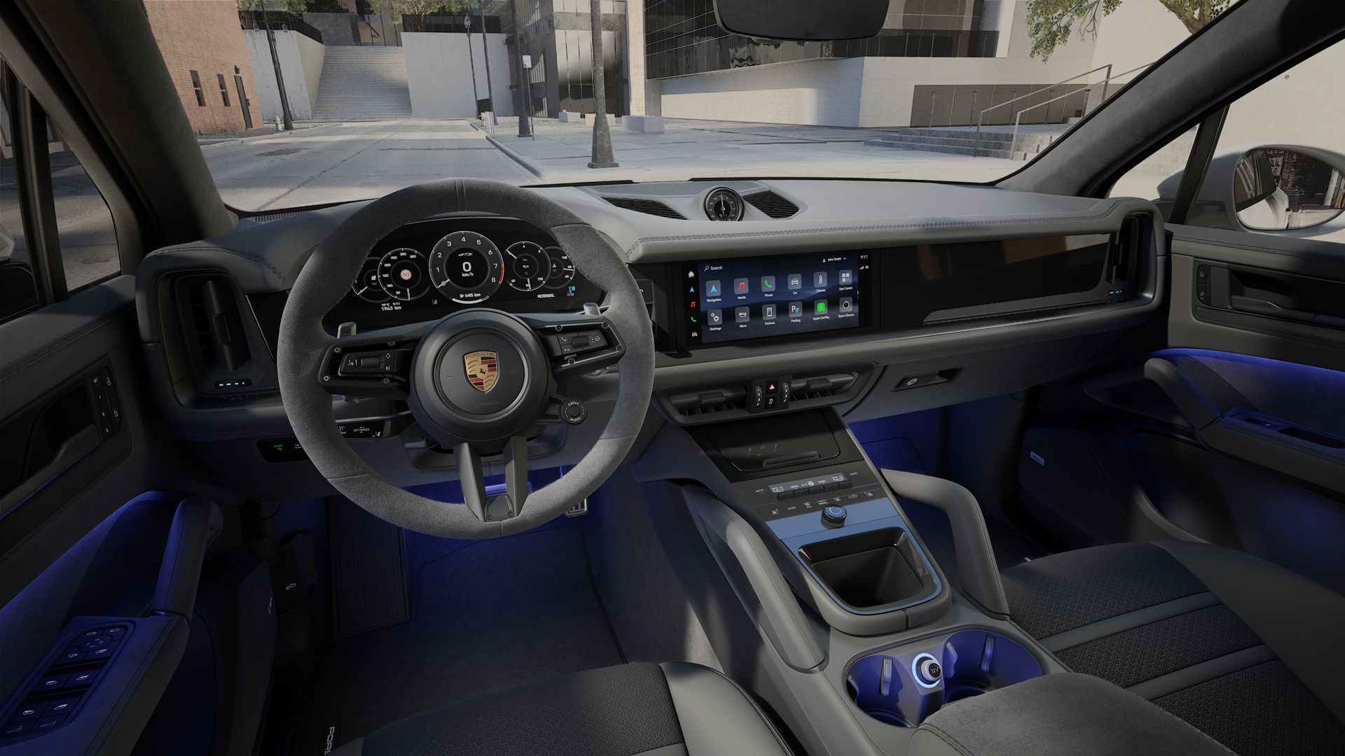 Vista interna che mostra il volante e il cruscotto di Cayenne GTS