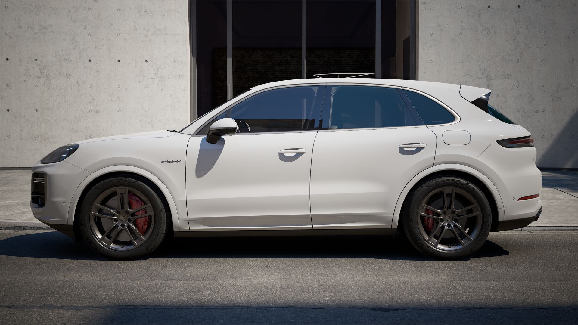 Die Außenansicht von Cayenne Turbo E-Hybrid zeigt die linke Seite des Fahrzeugs