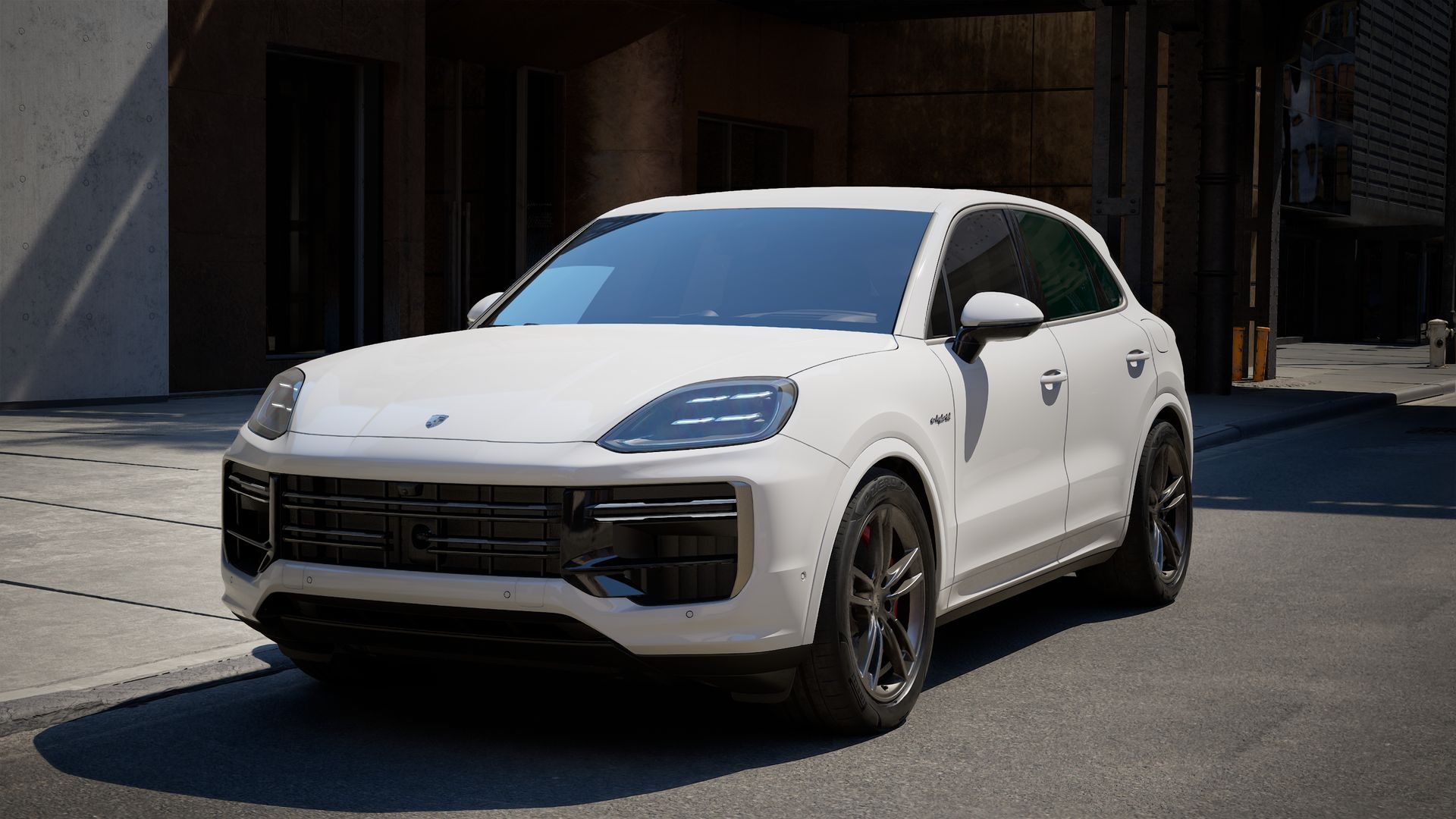 Außenansicht von Cayenne Turbo E-Hybrid mit der Vorderseite und der linken Seite des Fahrzeugs