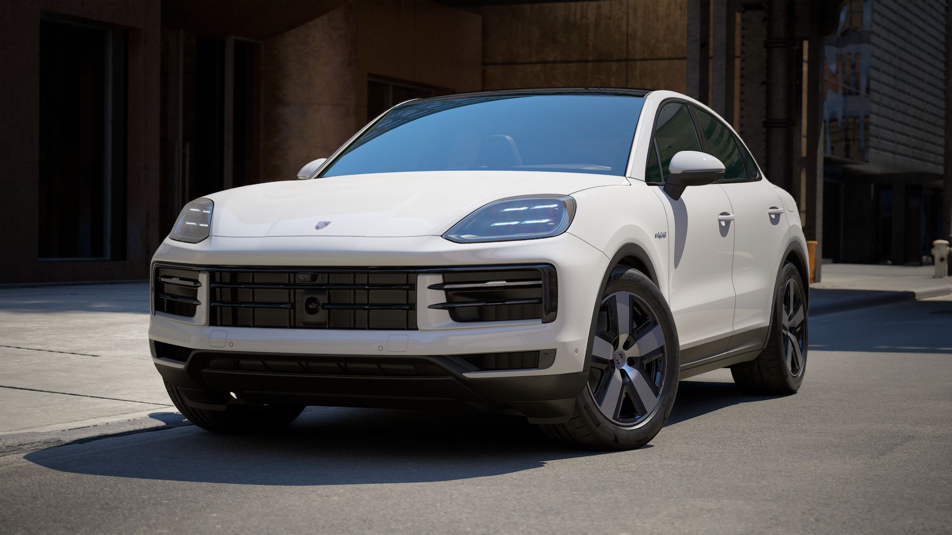 Vue extérieure de Cayenne E-Hybrid Coupé montrant l'avant et le côté gauche de la voiture