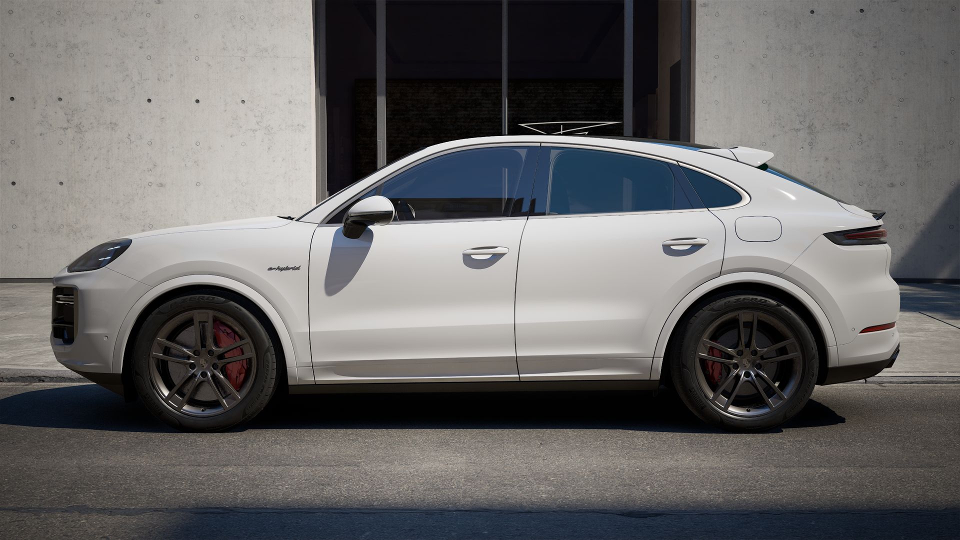 Die Außenansicht von Cayenne Turbo E-Hybrid Coupé zeigt die linke Seite des Fahrzeugs