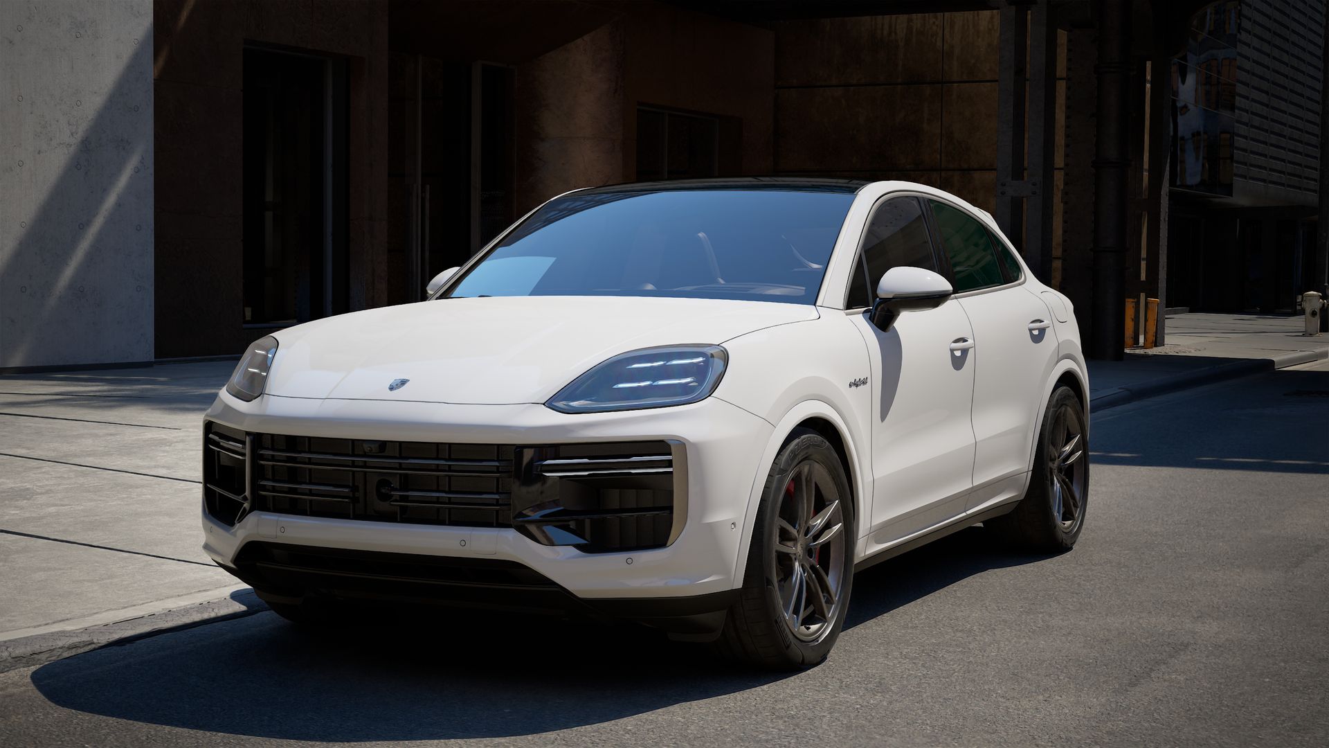 Außenansicht von Cayenne Turbo E-Hybrid Coupé mit der Vorderseite und der linken Seite des Fahrzeugs