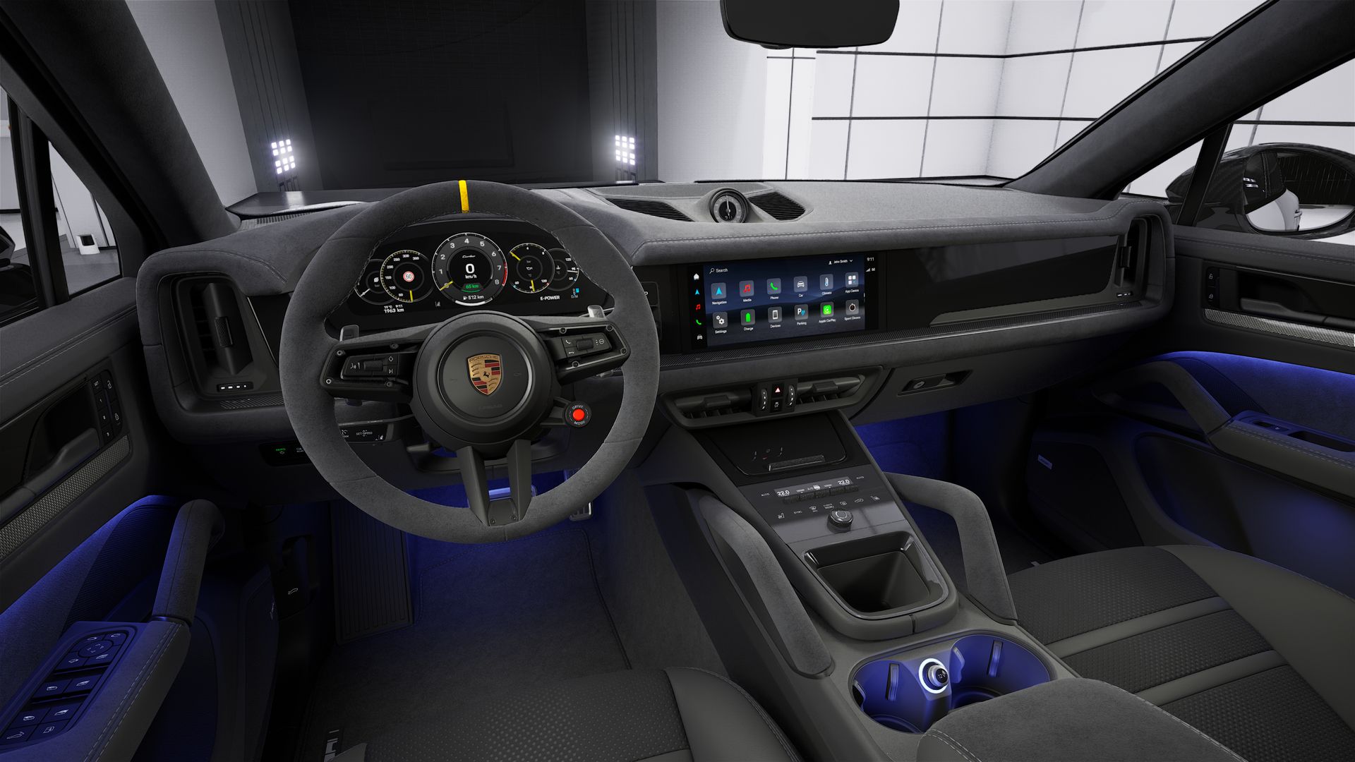 Innenansicht mit Lenkrad und Armaturenbrett von Cayenne Turbo E-Hybrid Coupé mit GT-Paket