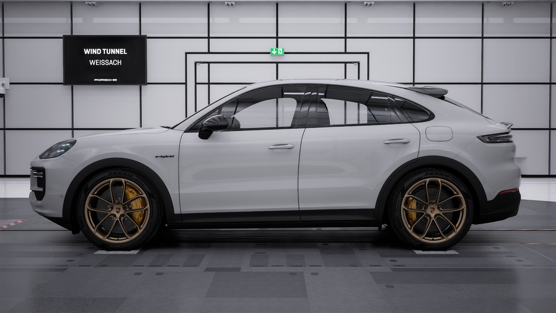Die Außenansicht von Cayenne Turbo E-Hybrid Coupé mit GT-Paket zeigt die linke Seite des Fahrzeugs