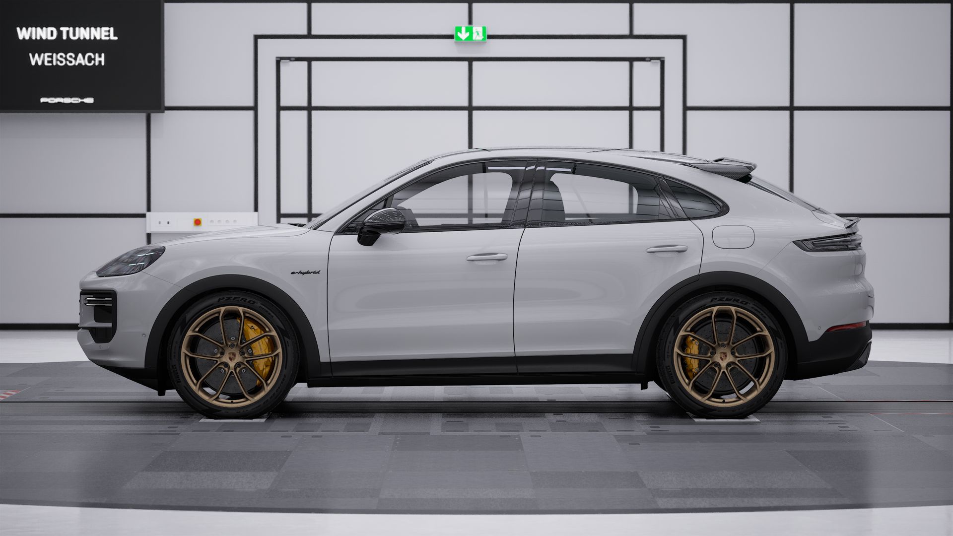 Die Außenansicht von Cayenne Turbo E-Hybrid Coupé mit GT-Paket zeigt die linke Seite des Fahrzeugs