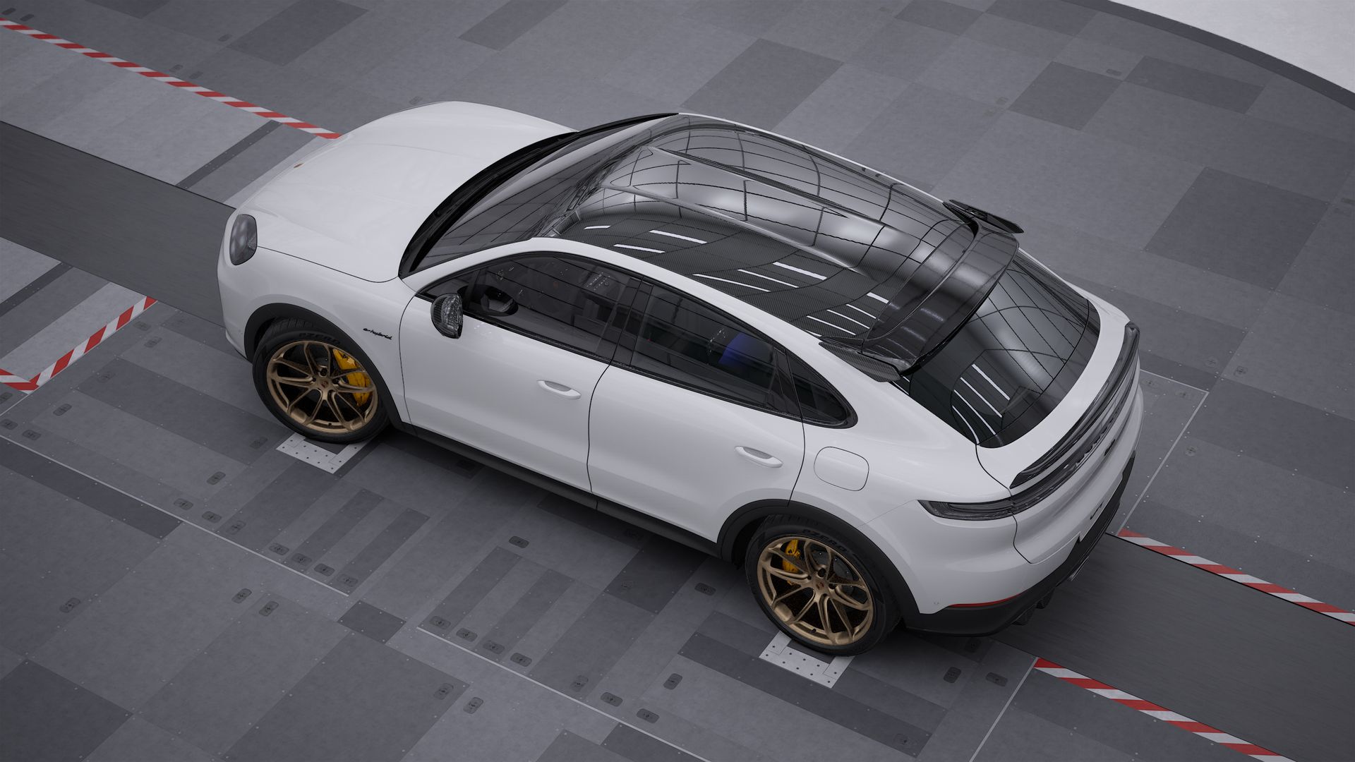 Außenansicht von Cayenne Turbo E-Hybrid Coupé mit GT-Paket von oben gesehen