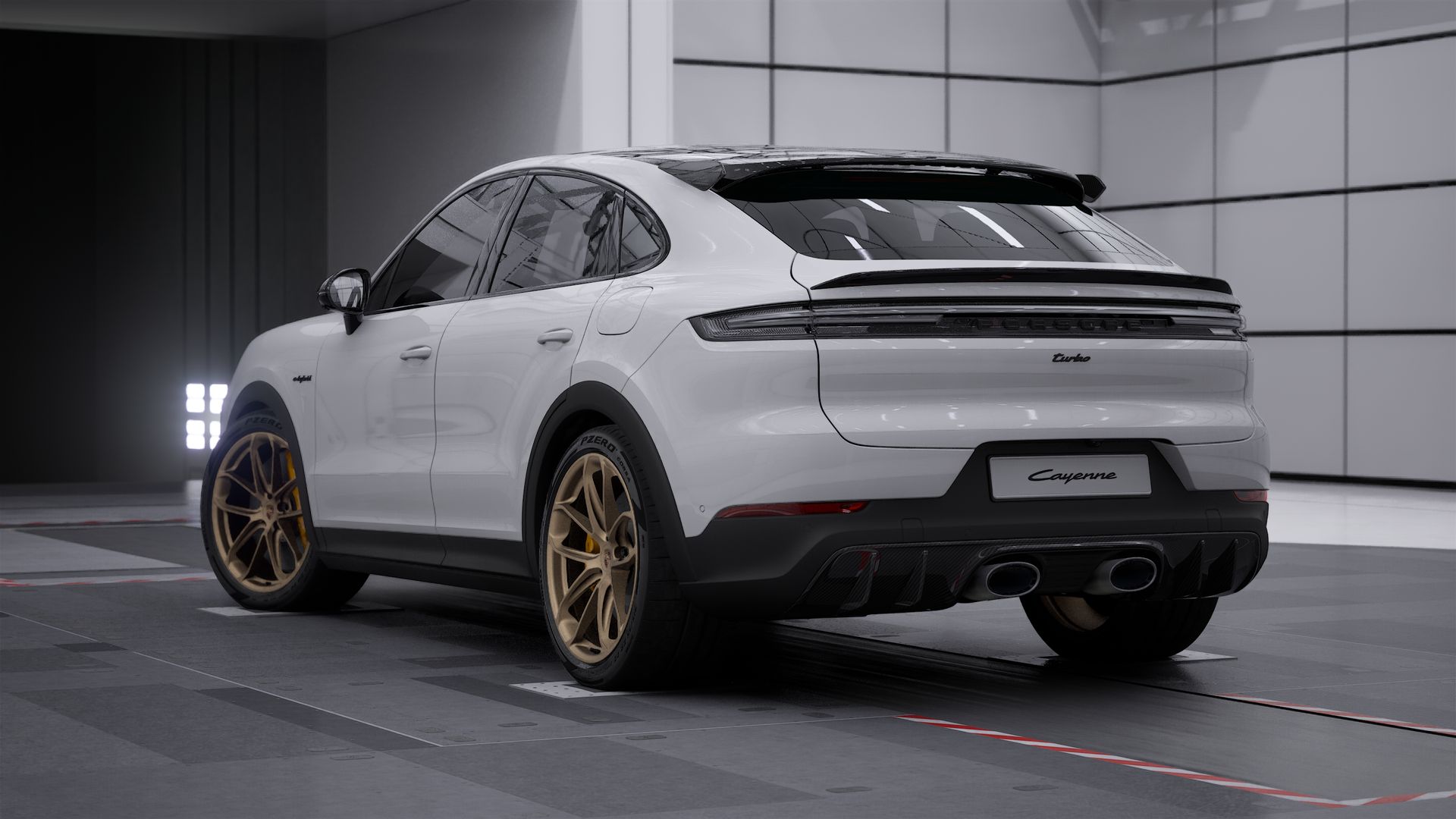 Außenansicht von Cayenne Turbo E-Hybrid Coupé mit GT-Paket mit der Rückseite und der linken Seite des Fahrzeugs