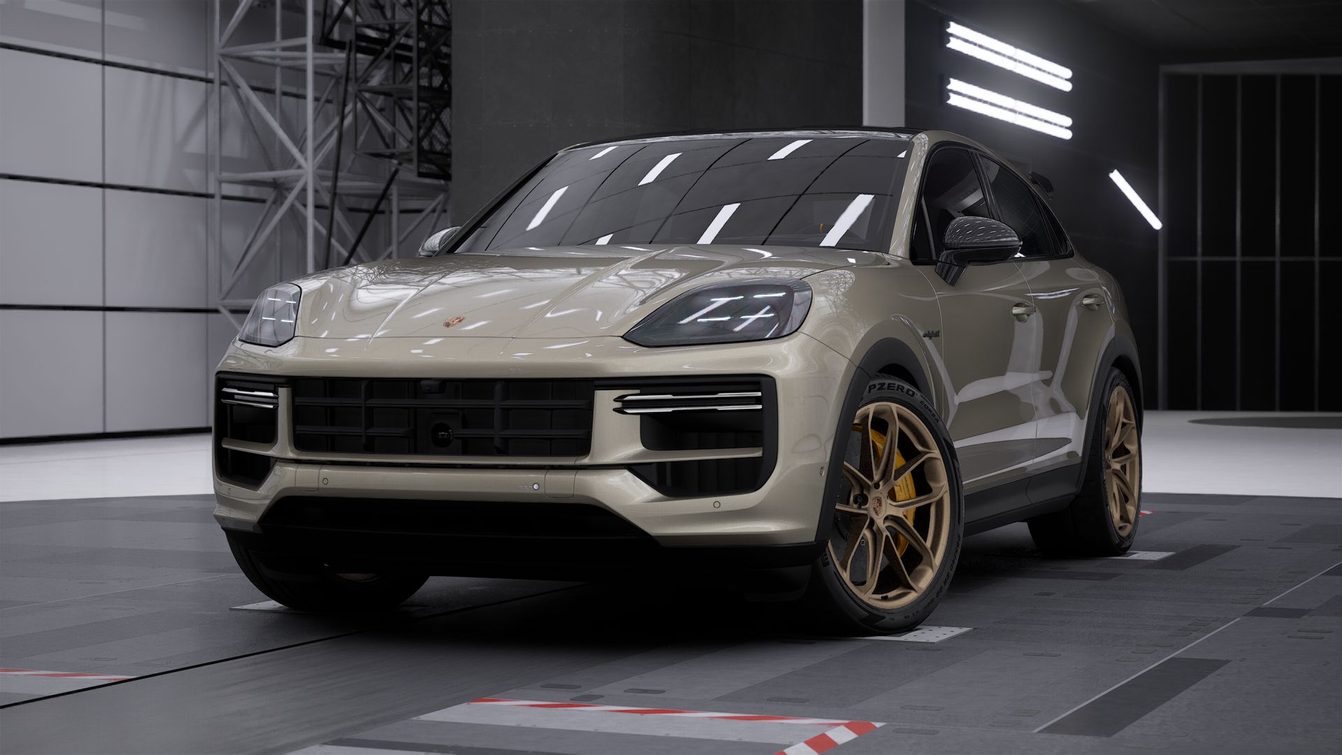 Außenansicht von Cayenne Turbo E-Hybrid Coupé mit GT-Paket mit der Vorderseite und der linken Seite des Fahrzeugs