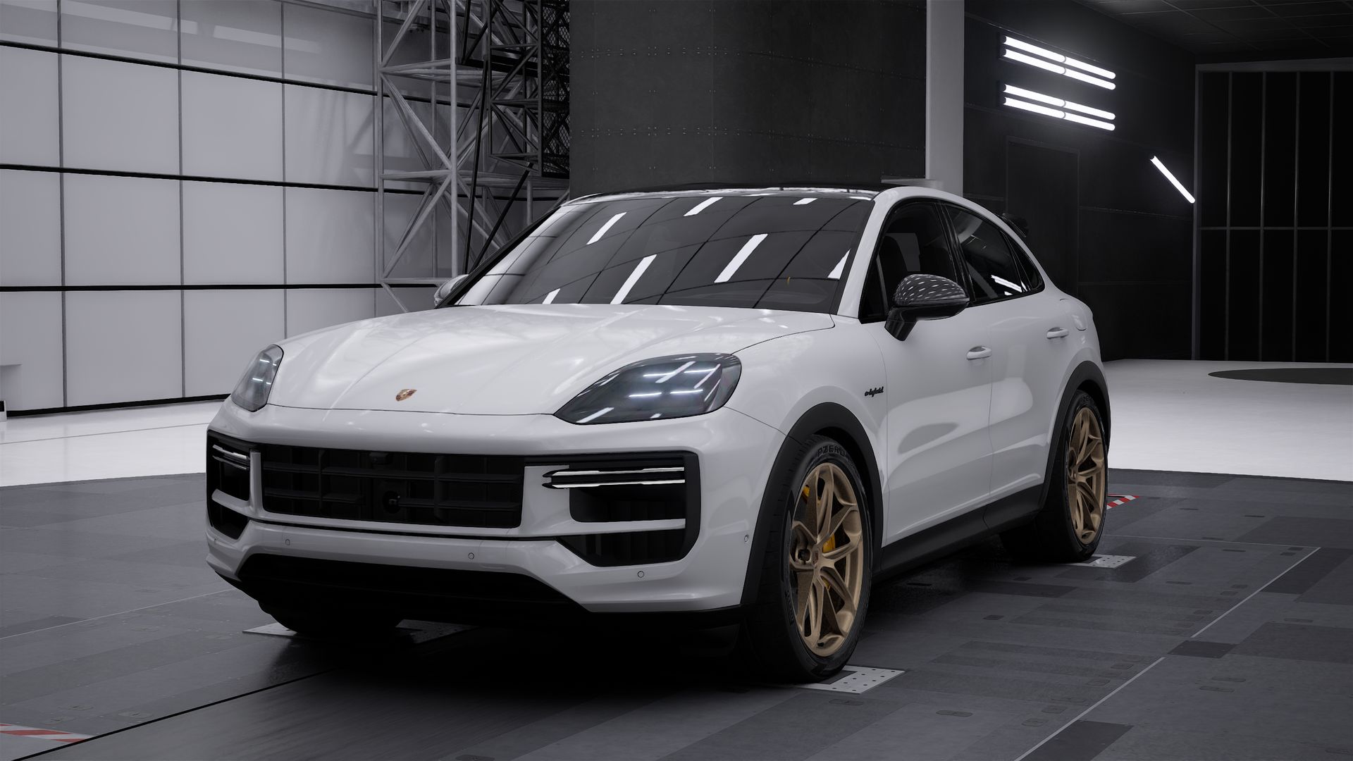Außenansicht von Cayenne Turbo E-Hybrid Coupé mit GT-Paket mit der Vorderseite und der linken Seite des Fahrzeugs