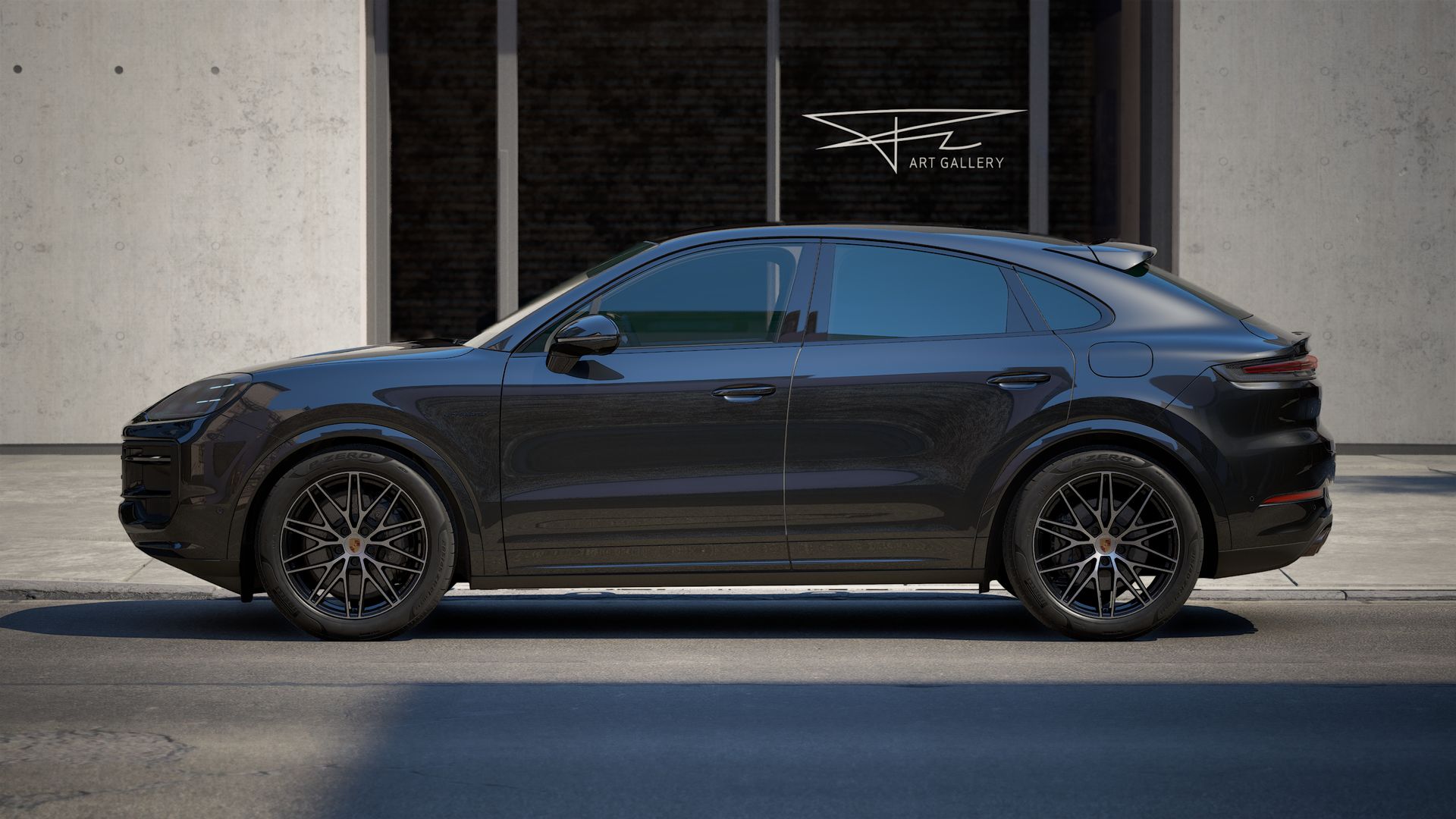 Die Außenansicht von Cayenne E-Hybrid Coupé Black Edition zeigt die linke Seite des Fahrzeugs