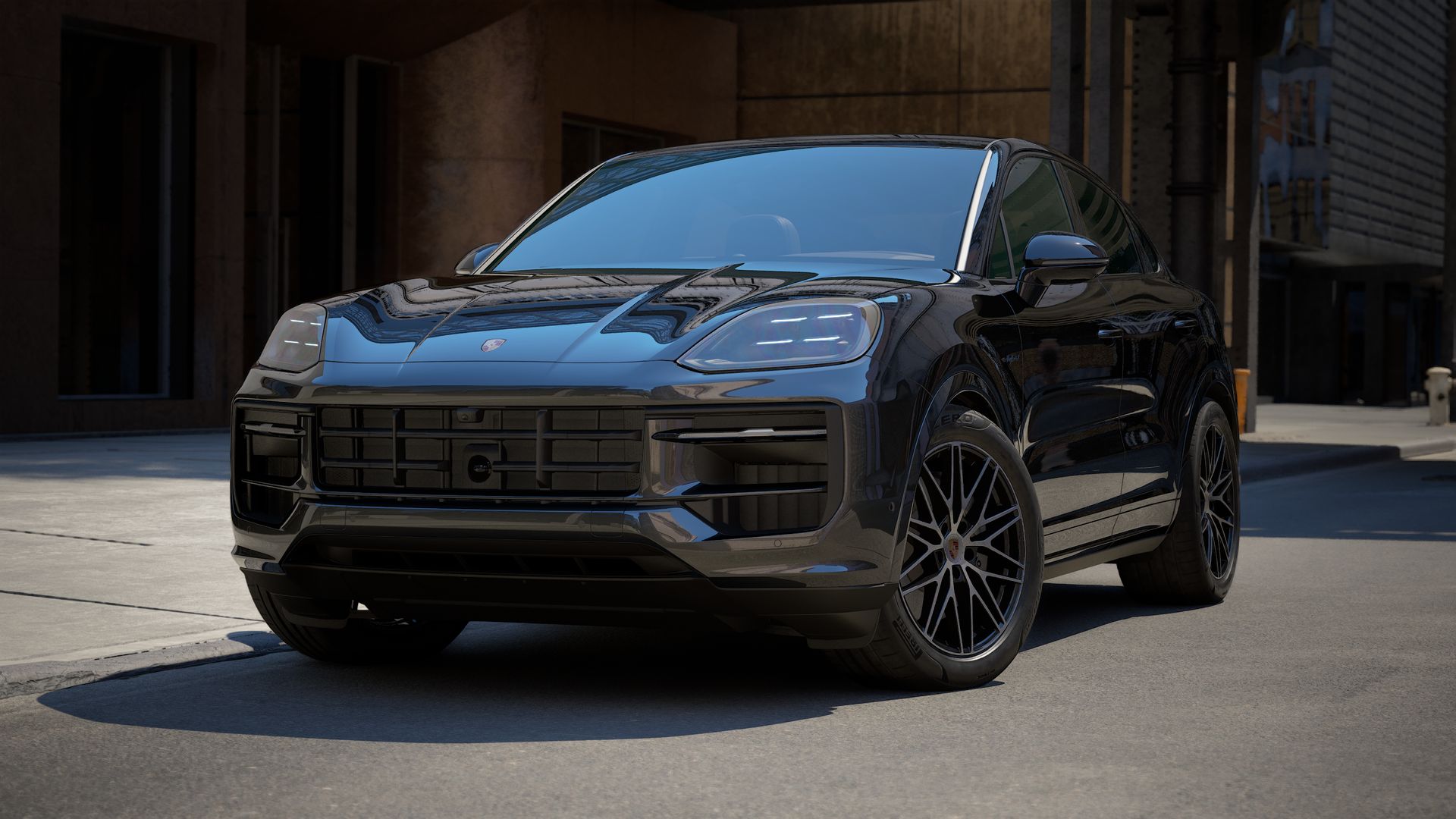 Außenansicht von Cayenne E-Hybrid Coupé Black Edition mit der Vorderseite und der linken Seite des Fahrzeugs