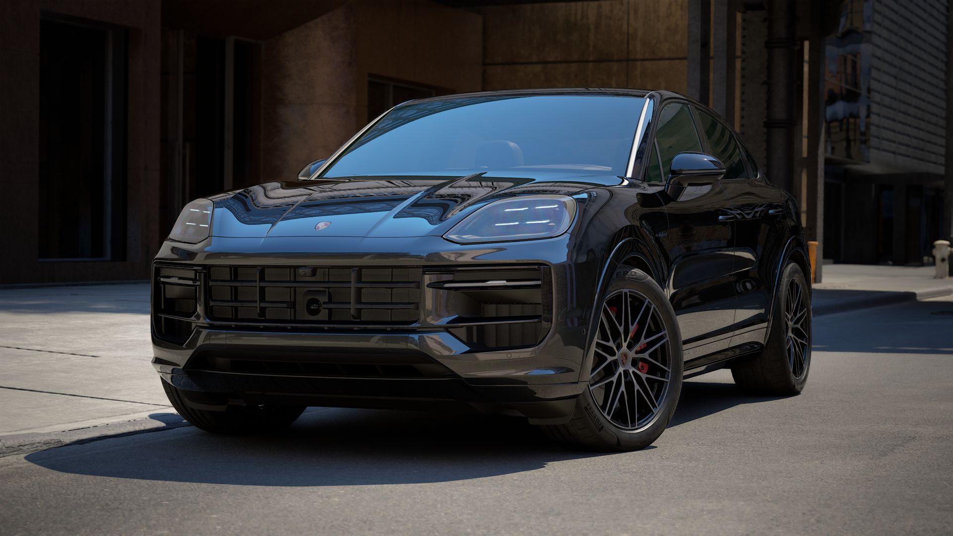 Außenansicht von Cayenne S E-Hybrid Coupé Black Edition mit der Vorderseite und der linken Seite des Fahrzeugs