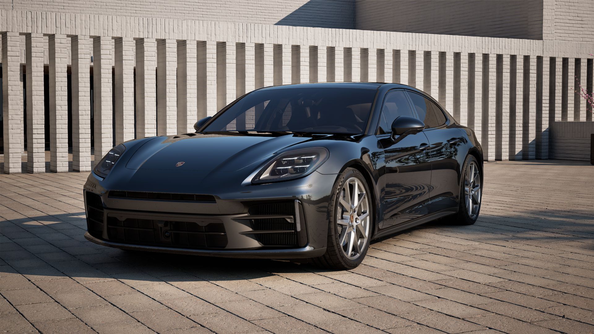 Außenansicht von Panamera 4 E-Hybrid mit der Vorderseite und der linken Seite des Fahrzeugs