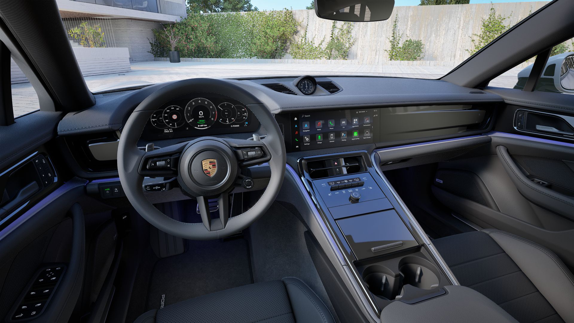 Innenansicht mit Lenkrad und Armaturenbrett von Panamera 4S E-Hybrid