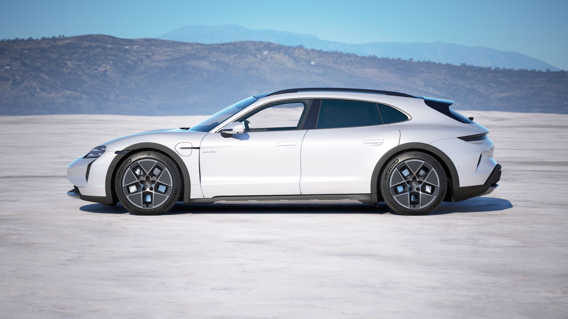 Taycan Turbo Cross Turismo 外观图，显示汽车左侧