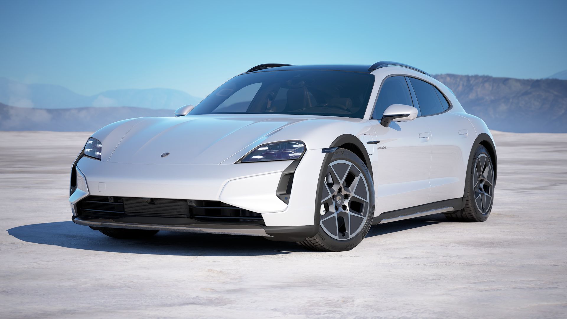 Taycan Turbo Cross Turismo 外观图，显示汽车的前部和左侧
