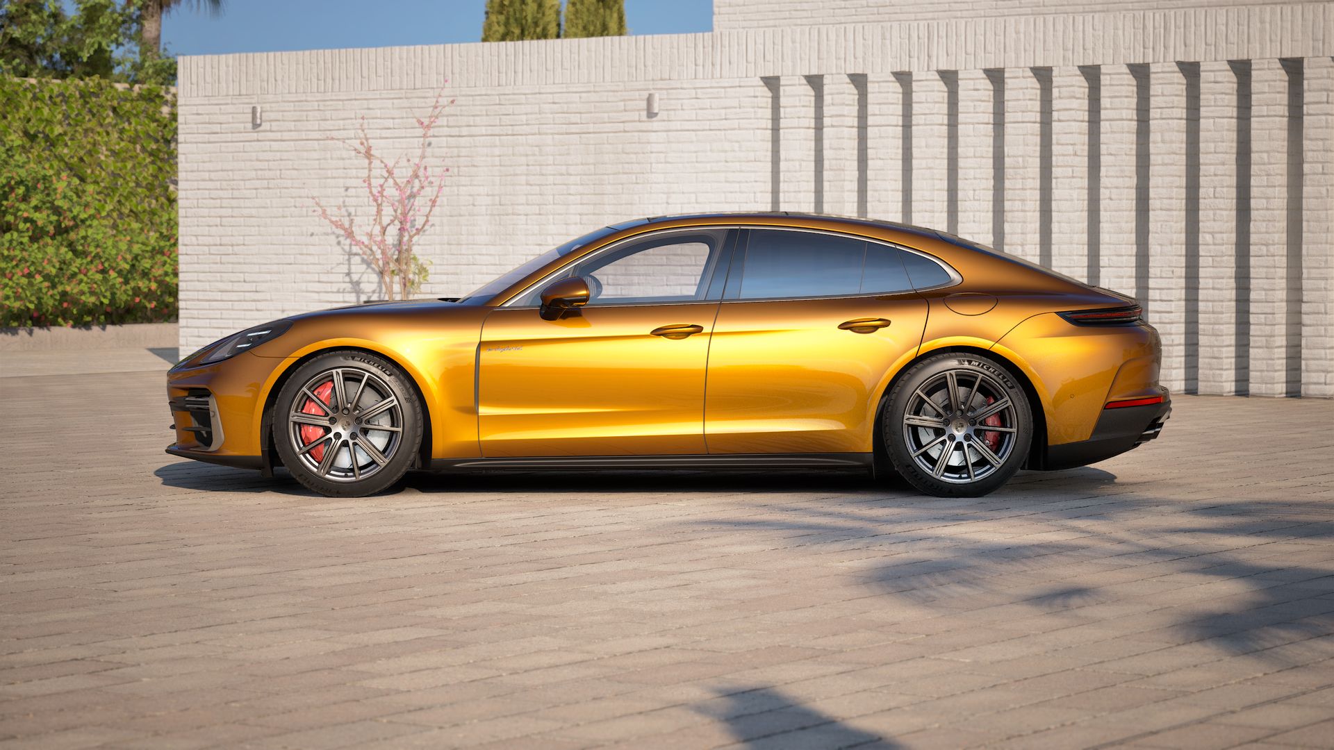 Exterior view of Panamera Turbo E-Hybrid showing the left side of the car