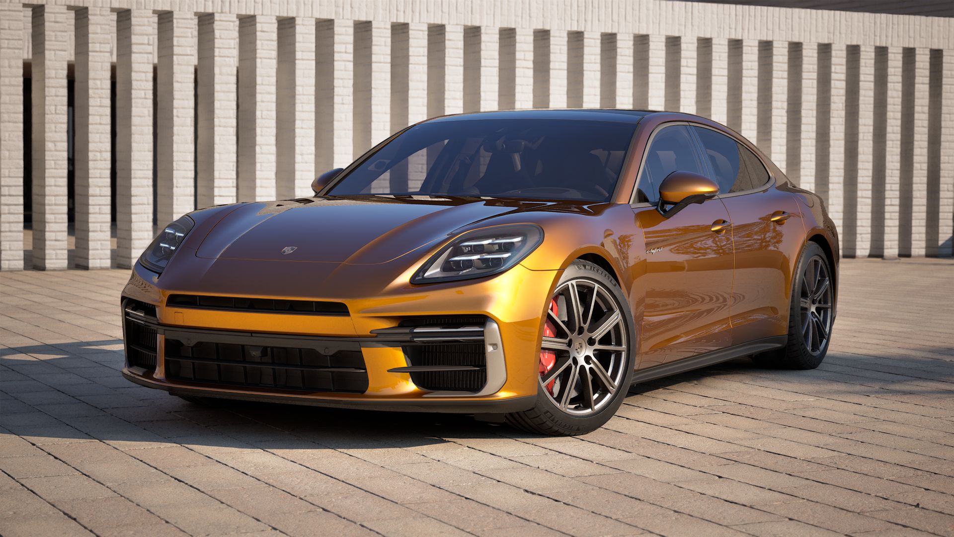 Panamera Turbo E-Hybrid 外观图，显示汽车的前部和左侧