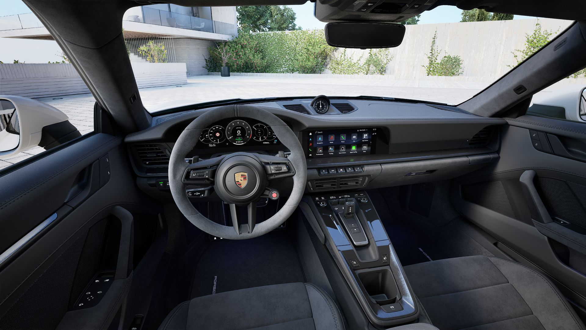Vista interior, mostrando o volante e o painel de instrumentos de 911 Carrera GTS
