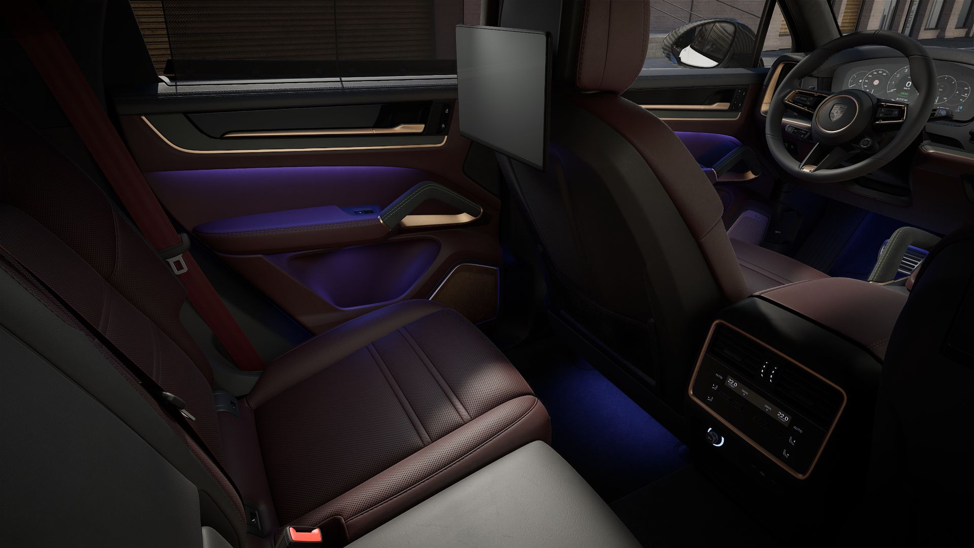 Vista interior, mostrando os bancos traseiros do Cayenne Turbo E-Hybrid
