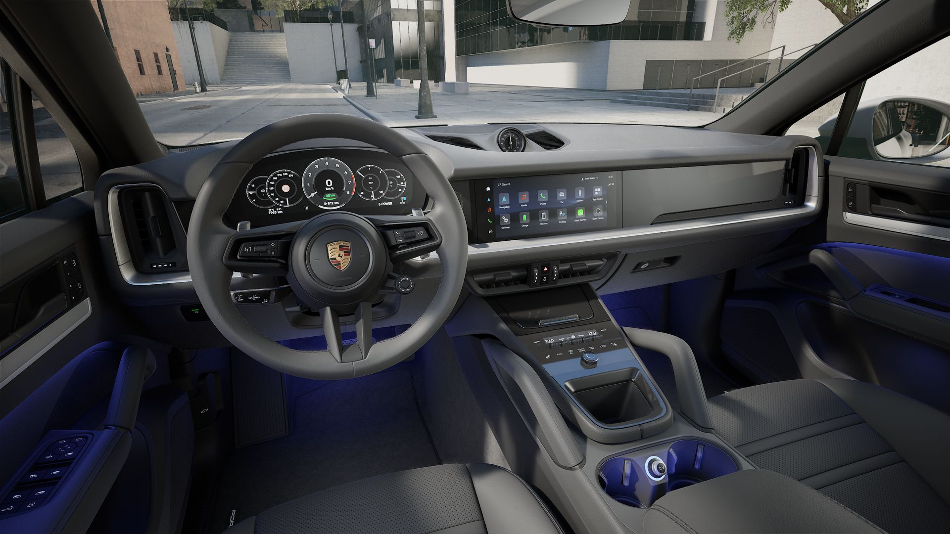 Vista interior, mostrando o volante e o painel de instrumentos de Cayenne S E-Hybrid Coupé