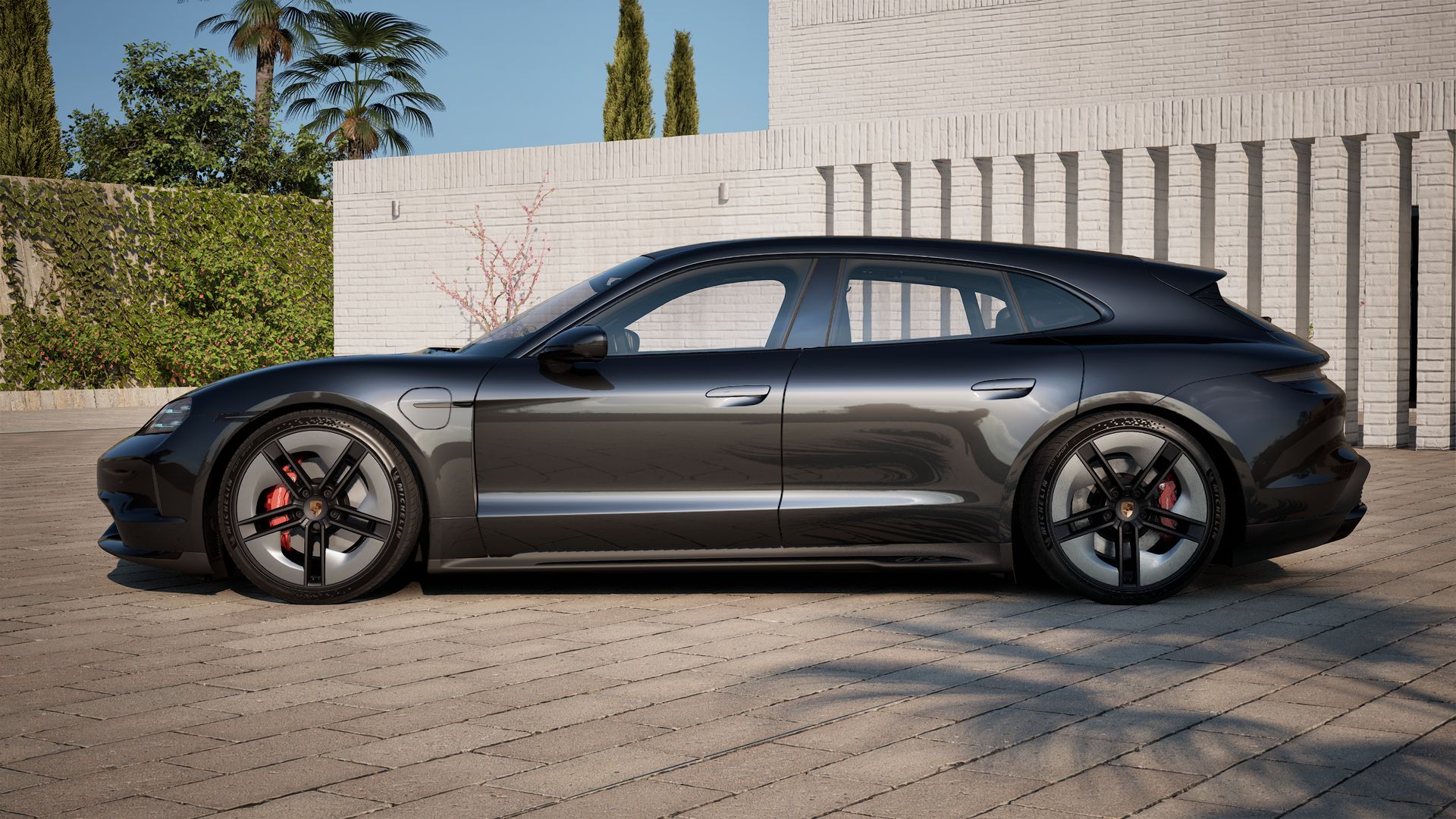 Vista exterior do Taycan GTS Sport Turismo, lateral esquerda