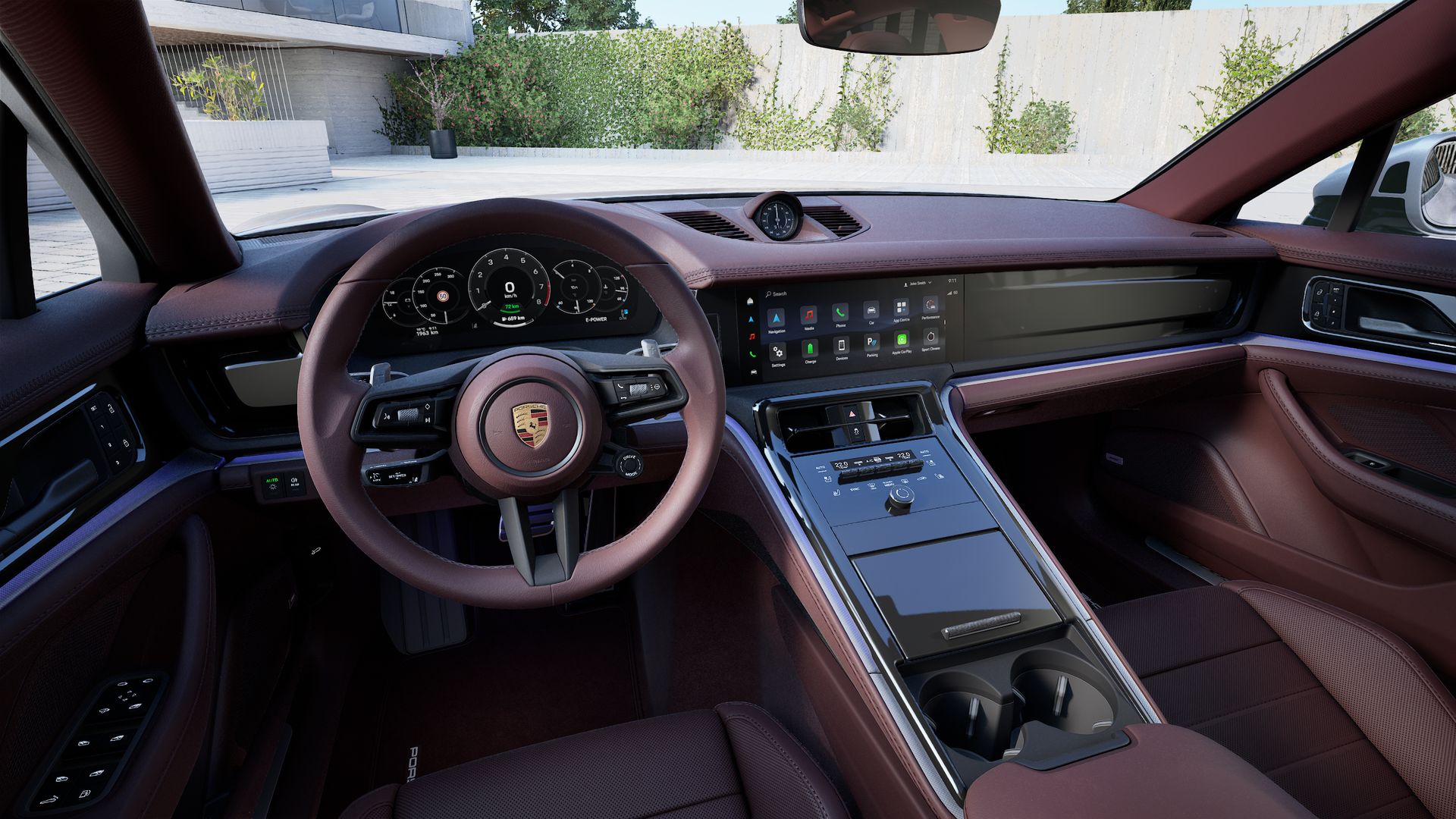 Vista interior, mostrando o volante e o painel de instrumentos de Panamera 4 E-Hybrid