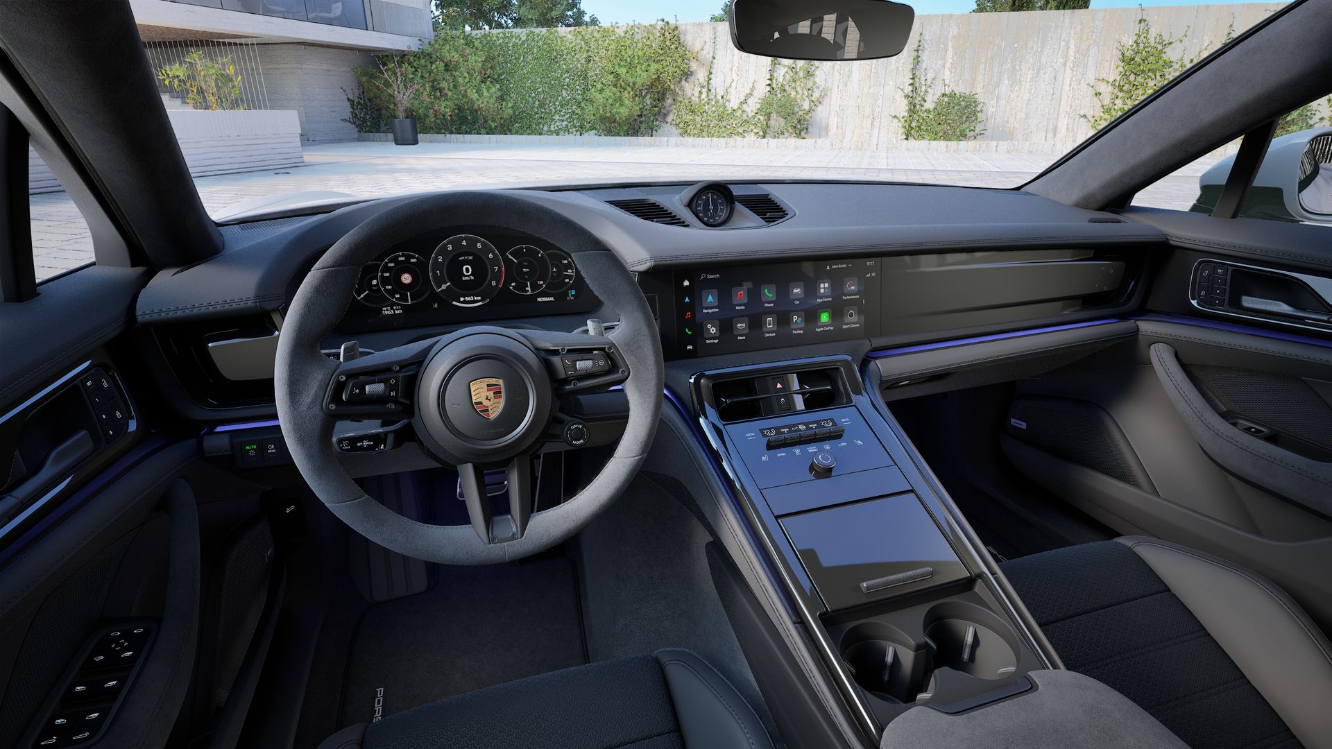Vista interior, mostrando o volante e o painel de instrumentos de Panamera GTS