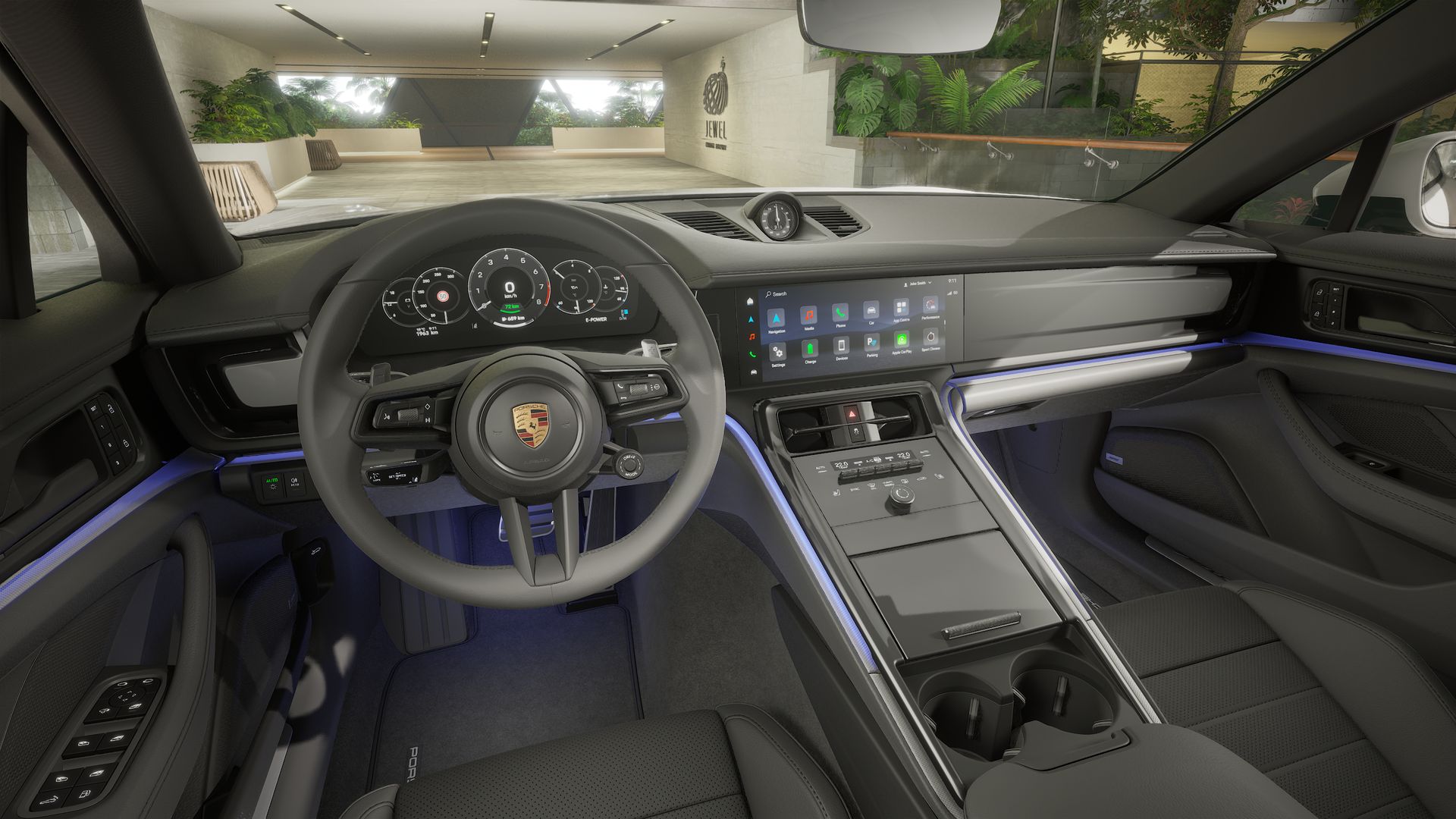 Interior view showing the steering wheel and dashboard of Panamera 4 E-Hybrid Executive