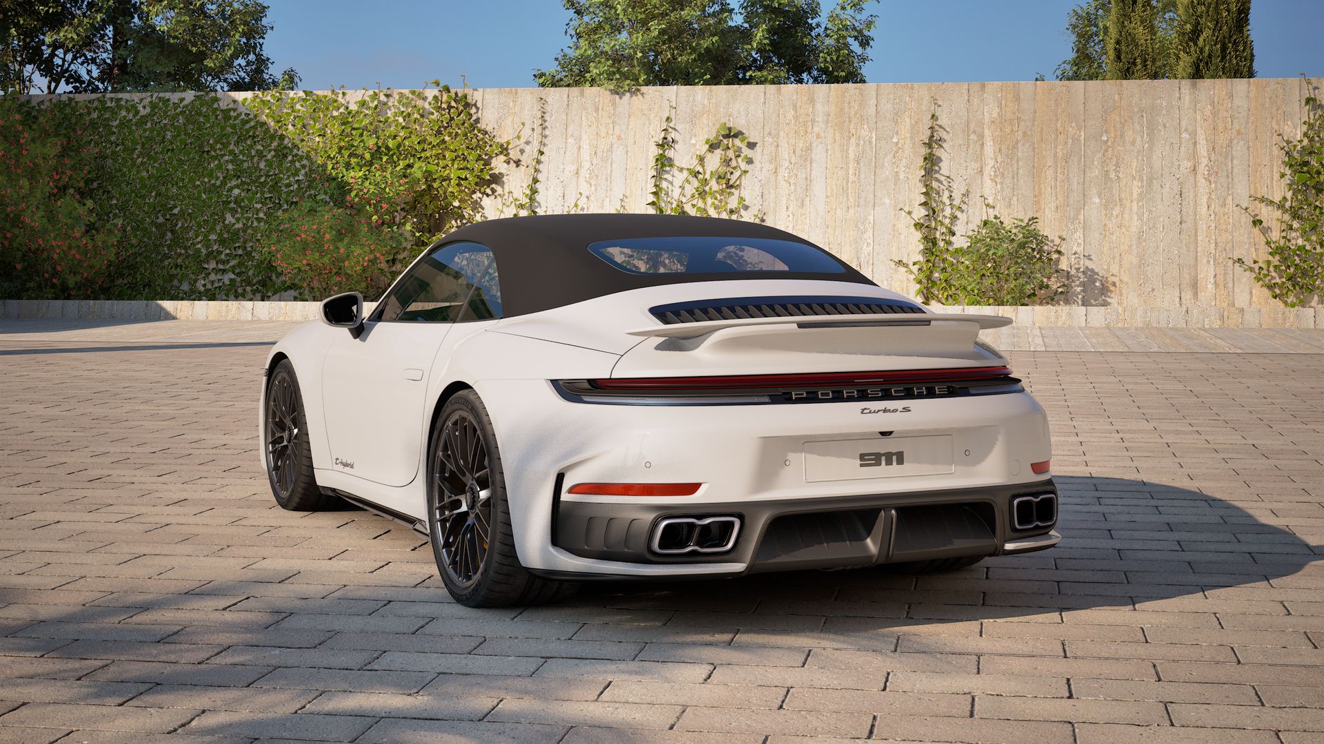 Exterior view of 911 Turbo S Cabriolet showing the back and left side of the car