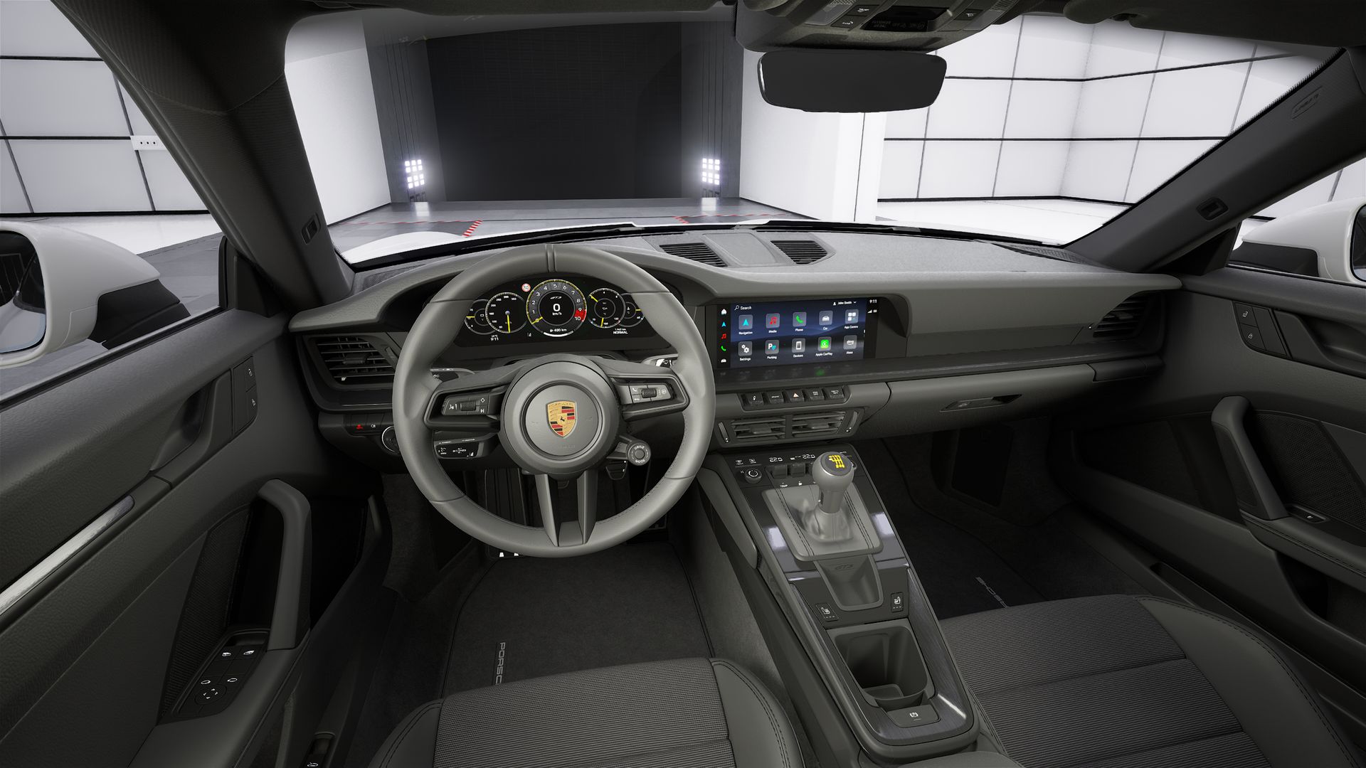 Interior view showing the steering wheel and dashboard of 911 GT3 with Touring Package
