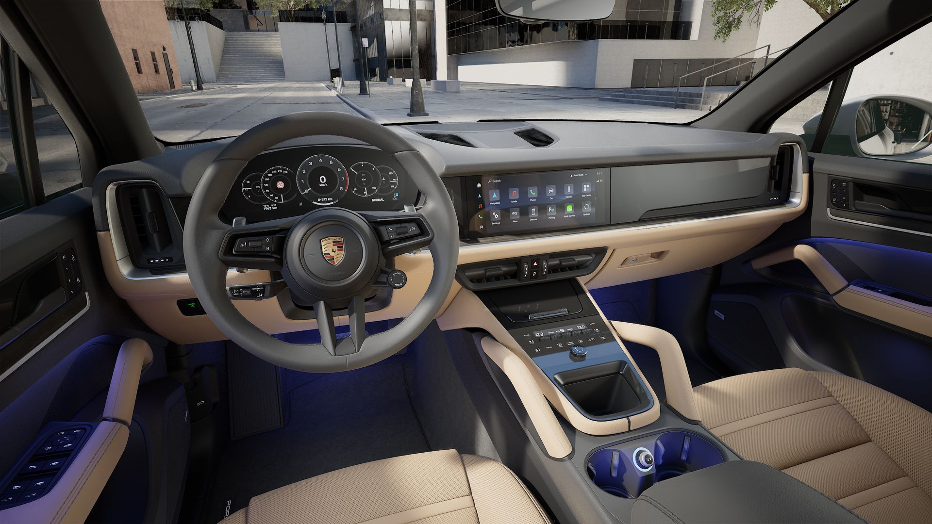 Interior view showing the steering wheel and dashboard of Cayenne