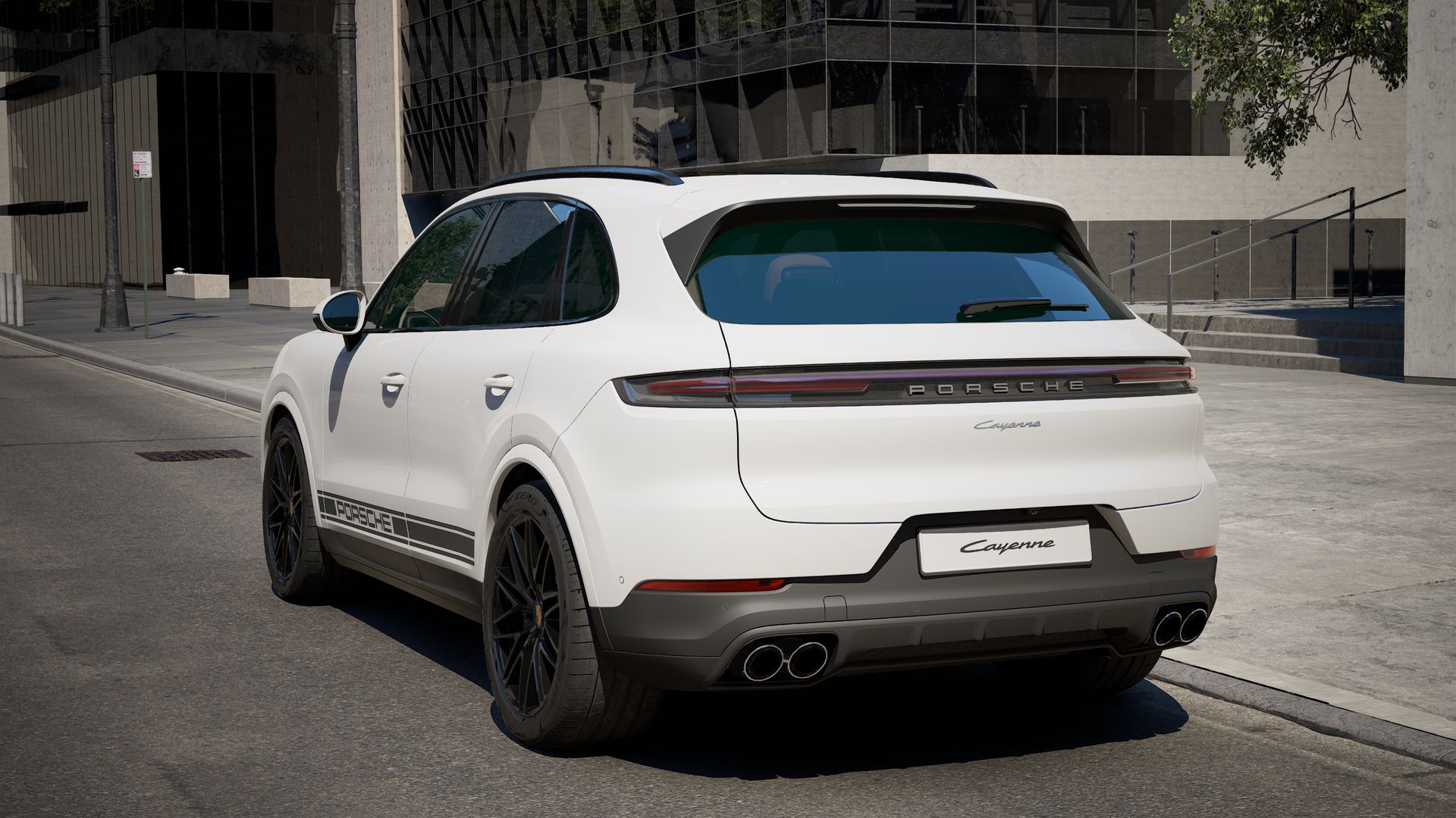 Exterior view of Cayenne showing the back and left side of the car