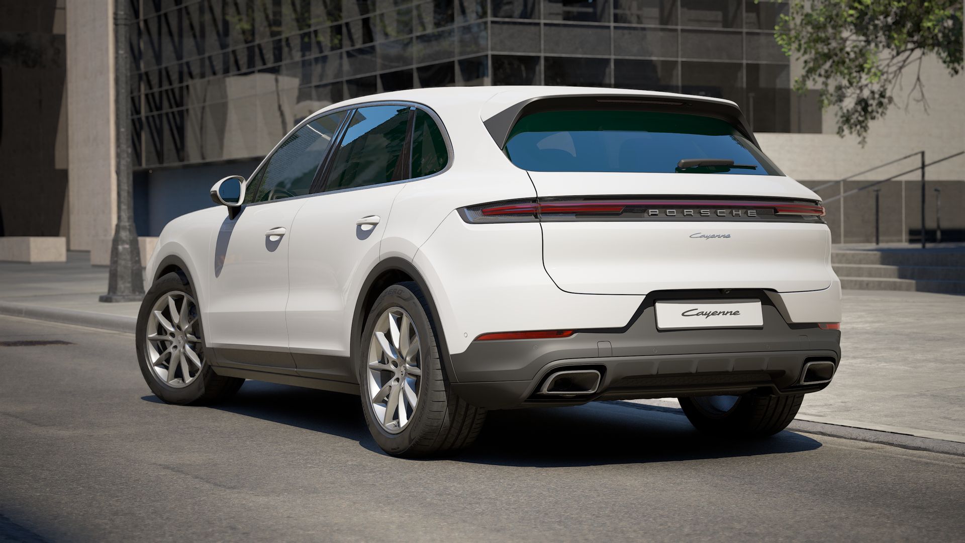 Exterior view of Cayenne showing the back and left side of the car