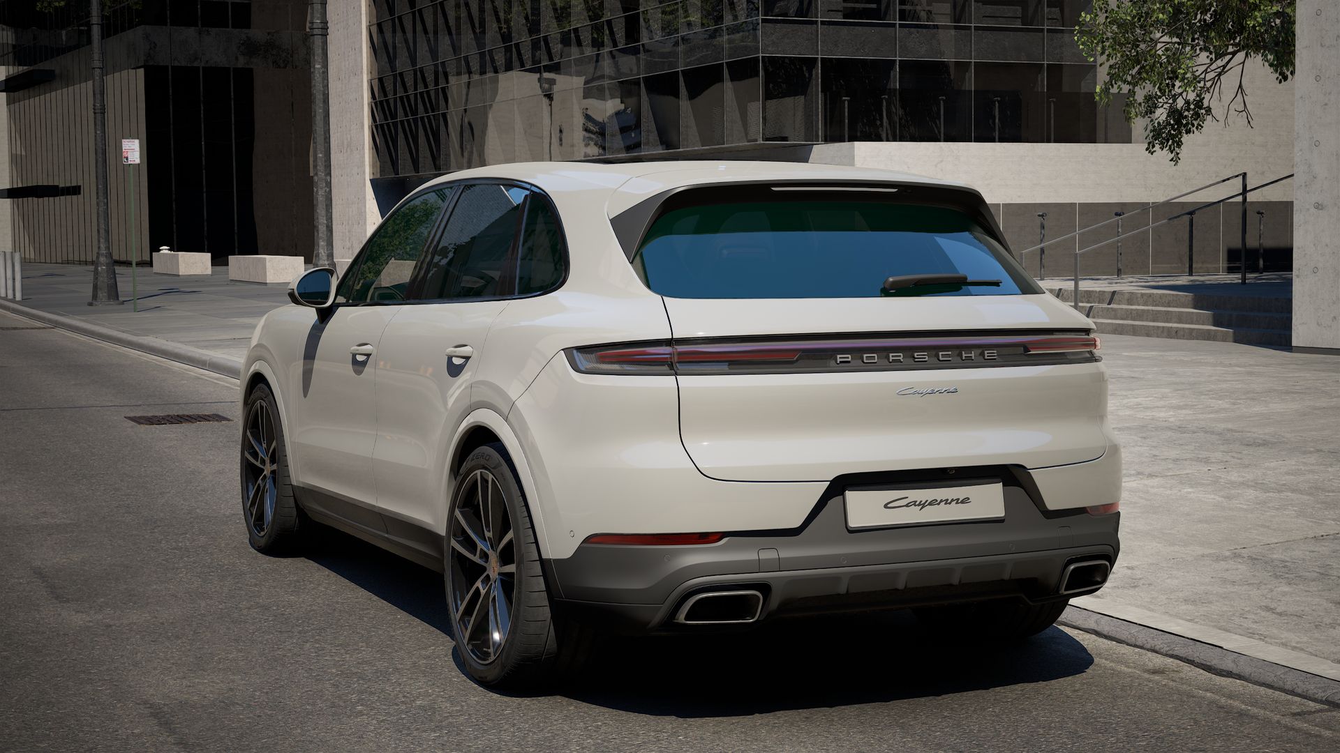 Exterior view of Cayenne showing the back and left side of the car