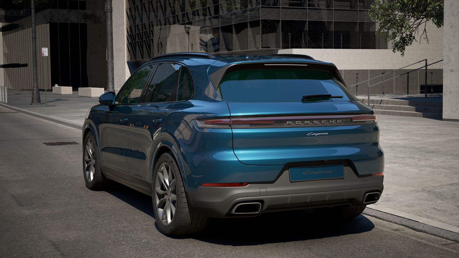 Exterior view of Cayenne showing the back and left side of the car