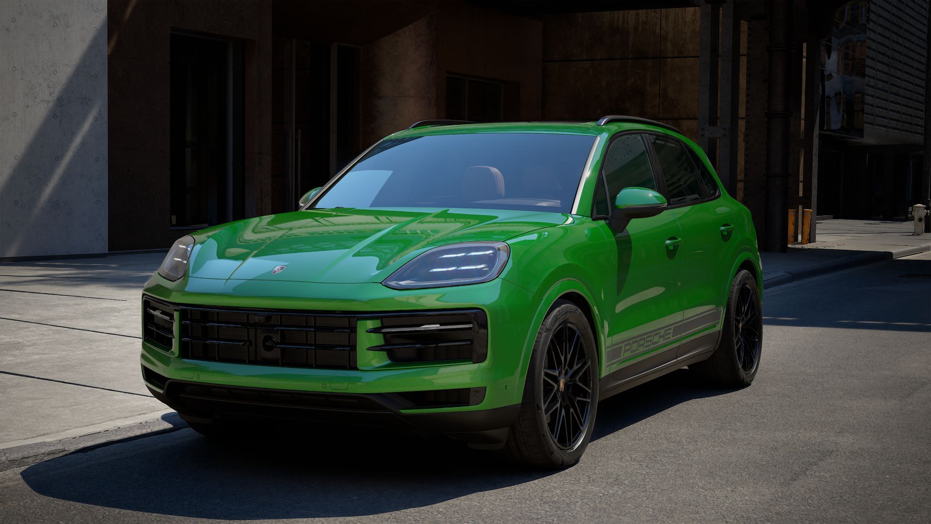 Exterior view of Cayenne showing the front and left side of the car