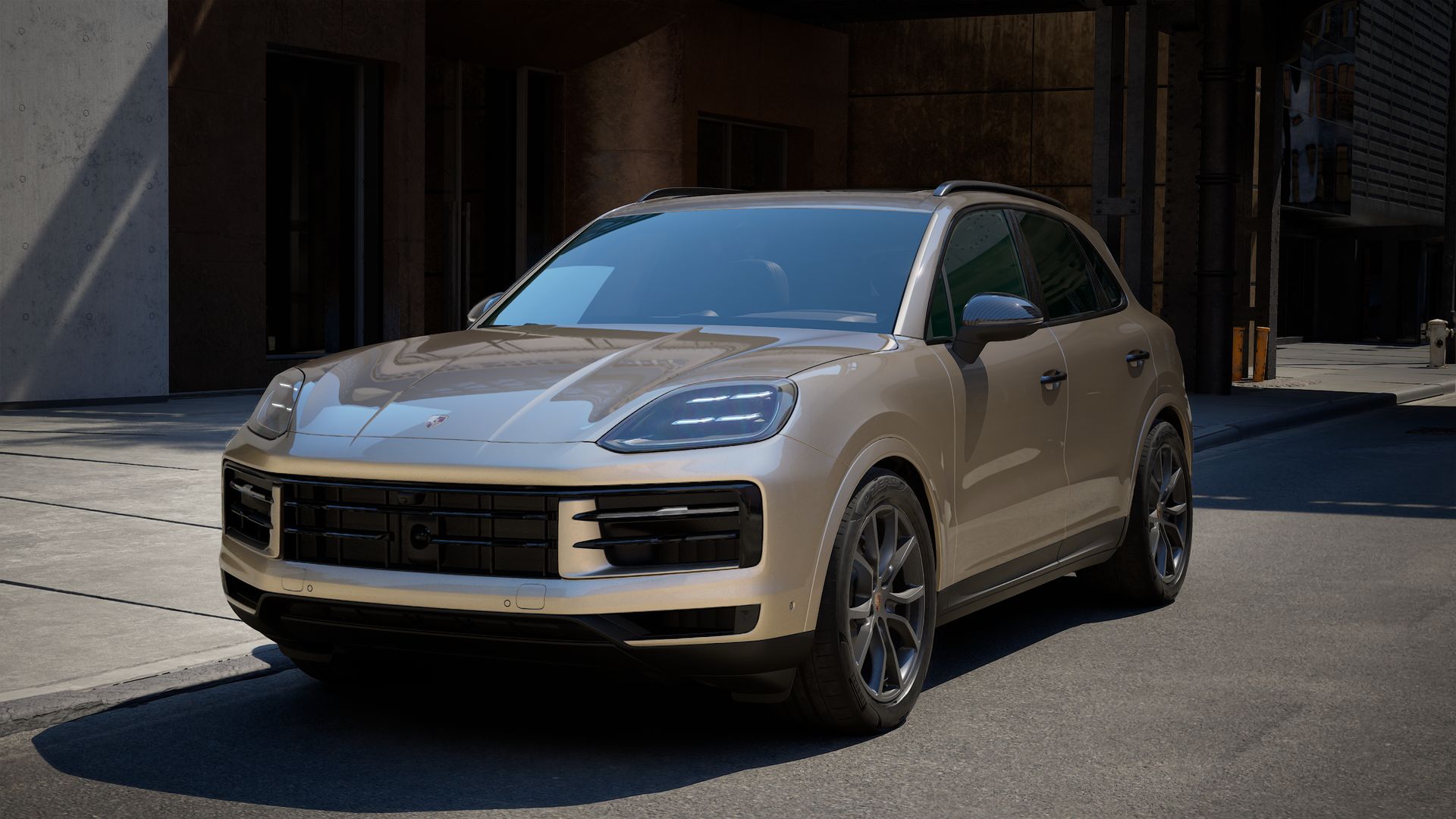 Exterior view of Cayenne showing the front and left side of the car