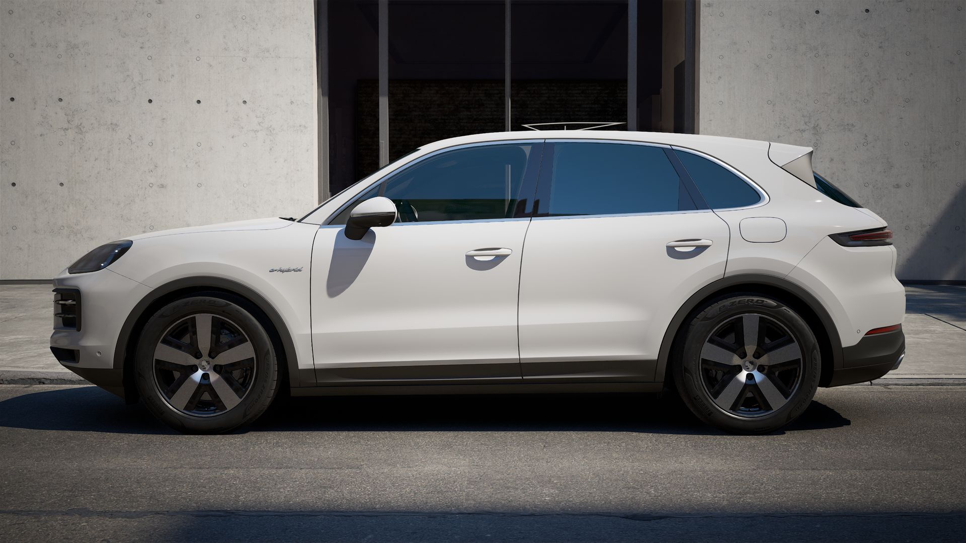 Exterior view of Cayenne E-Hybrid showing the left side of the car