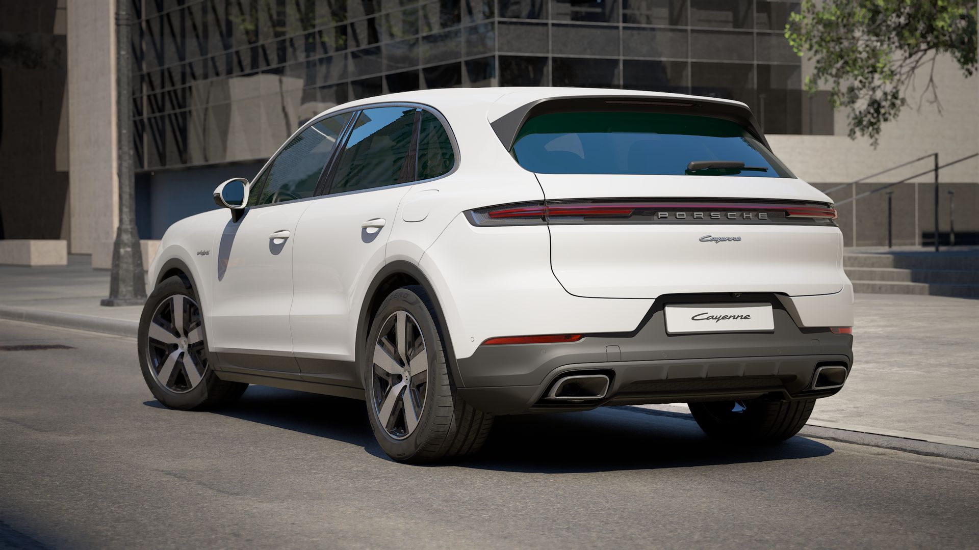 Exterior view of Cayenne E-Hybrid showing the back and left side of the car