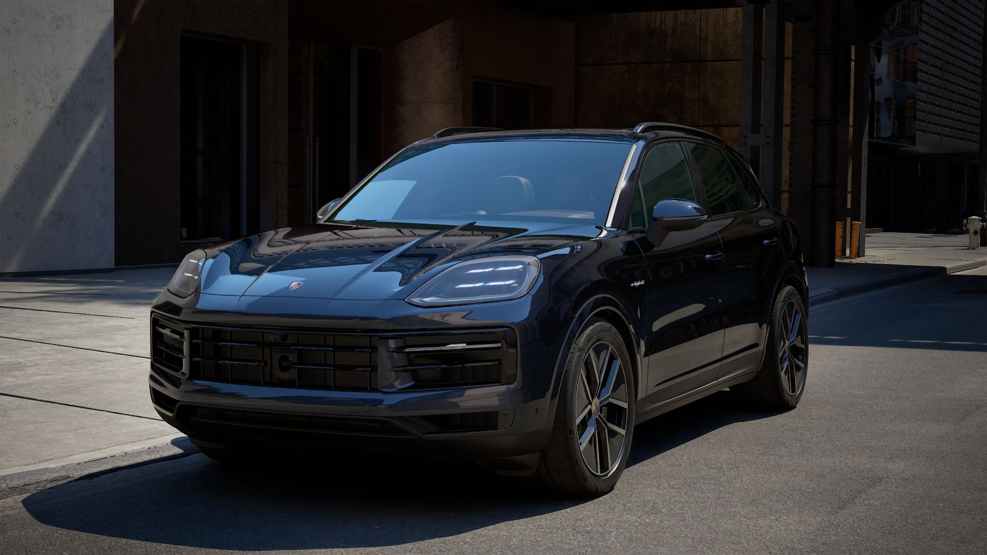 Exterior view of Cayenne E-Hybrid showing the front and left side of the car