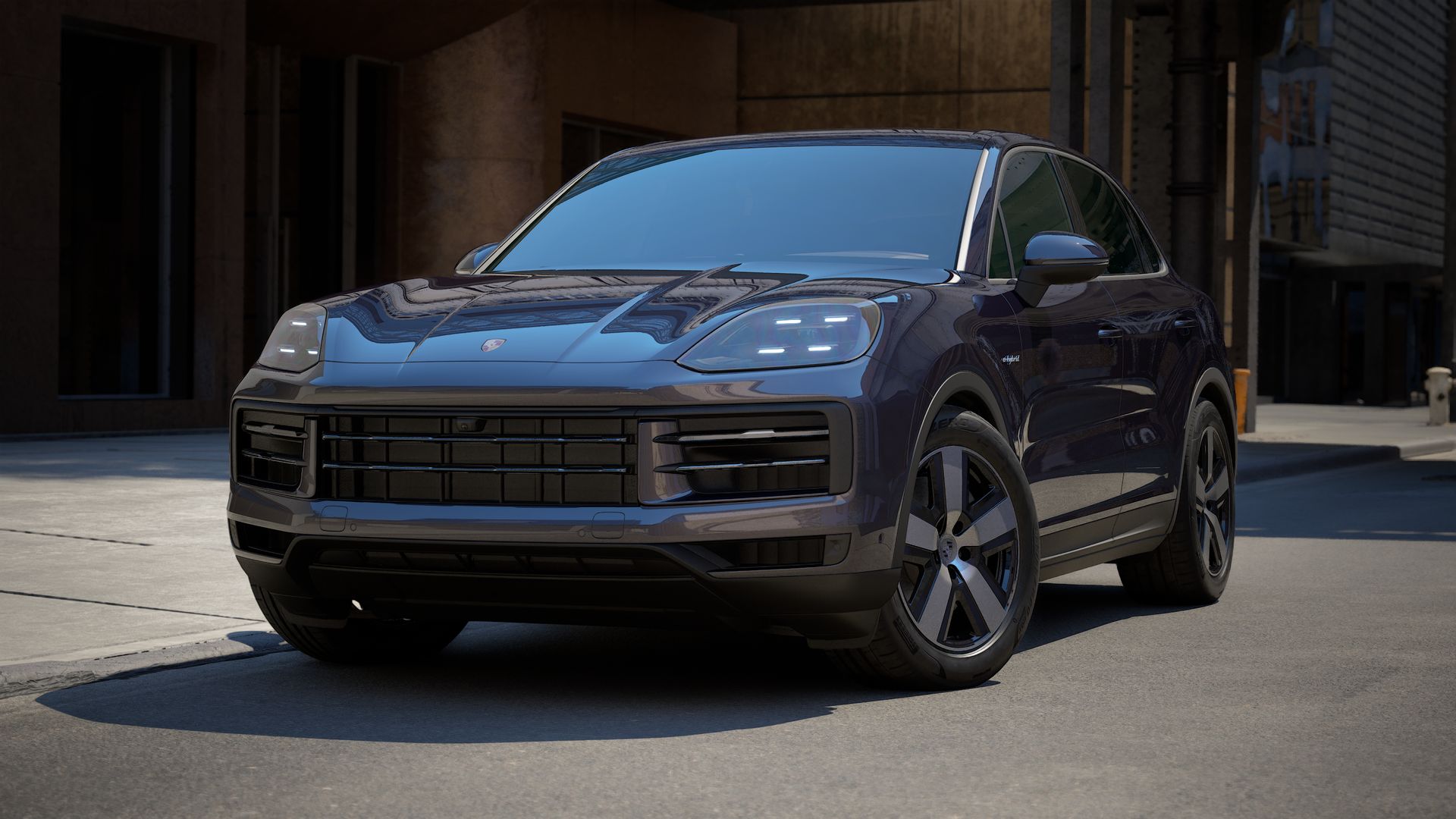 Exterior view of Cayenne E-Hybrid showing the front and left side of the car
